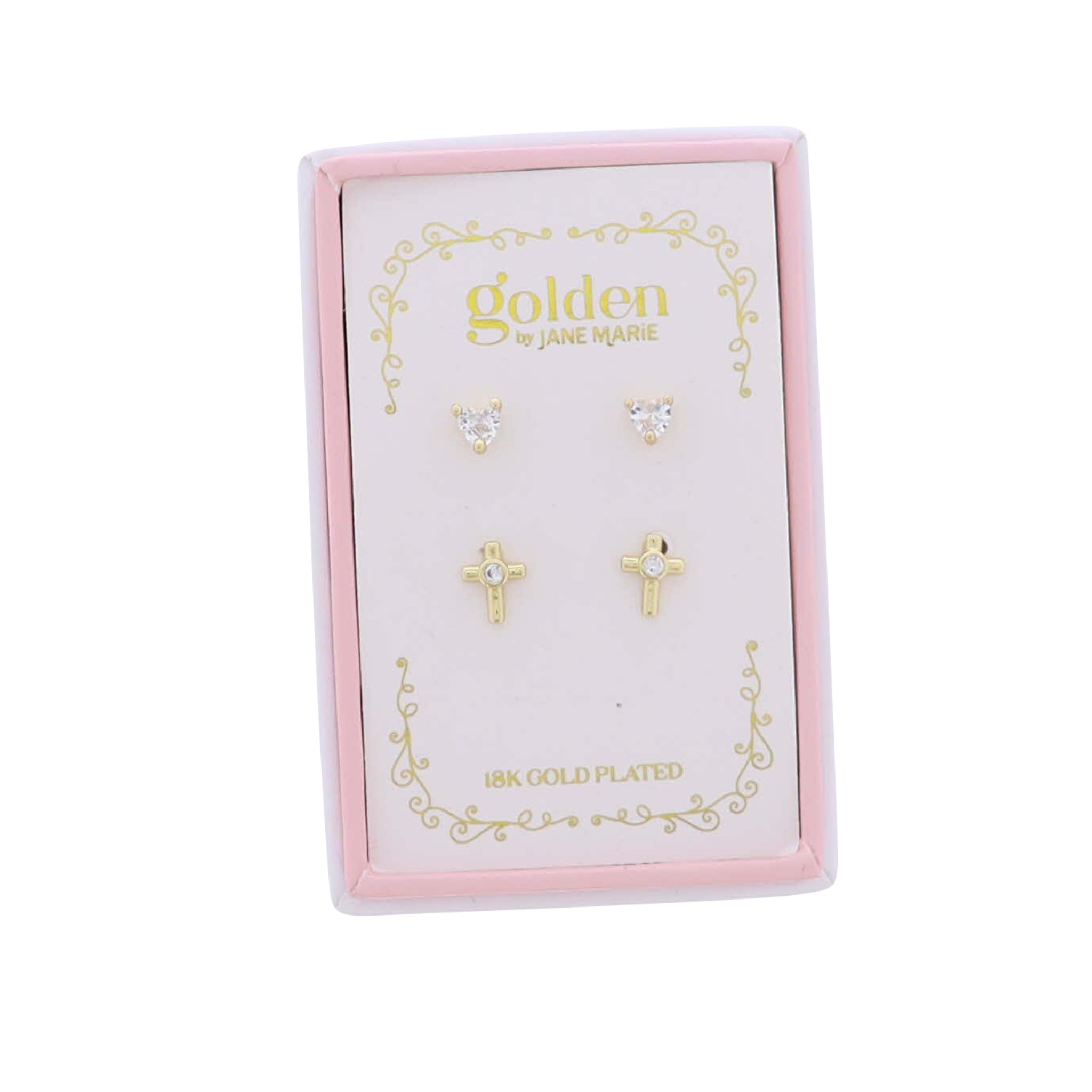 Kids 18K Gold Plated Set of 2 Heart & Cross Stud Earrings