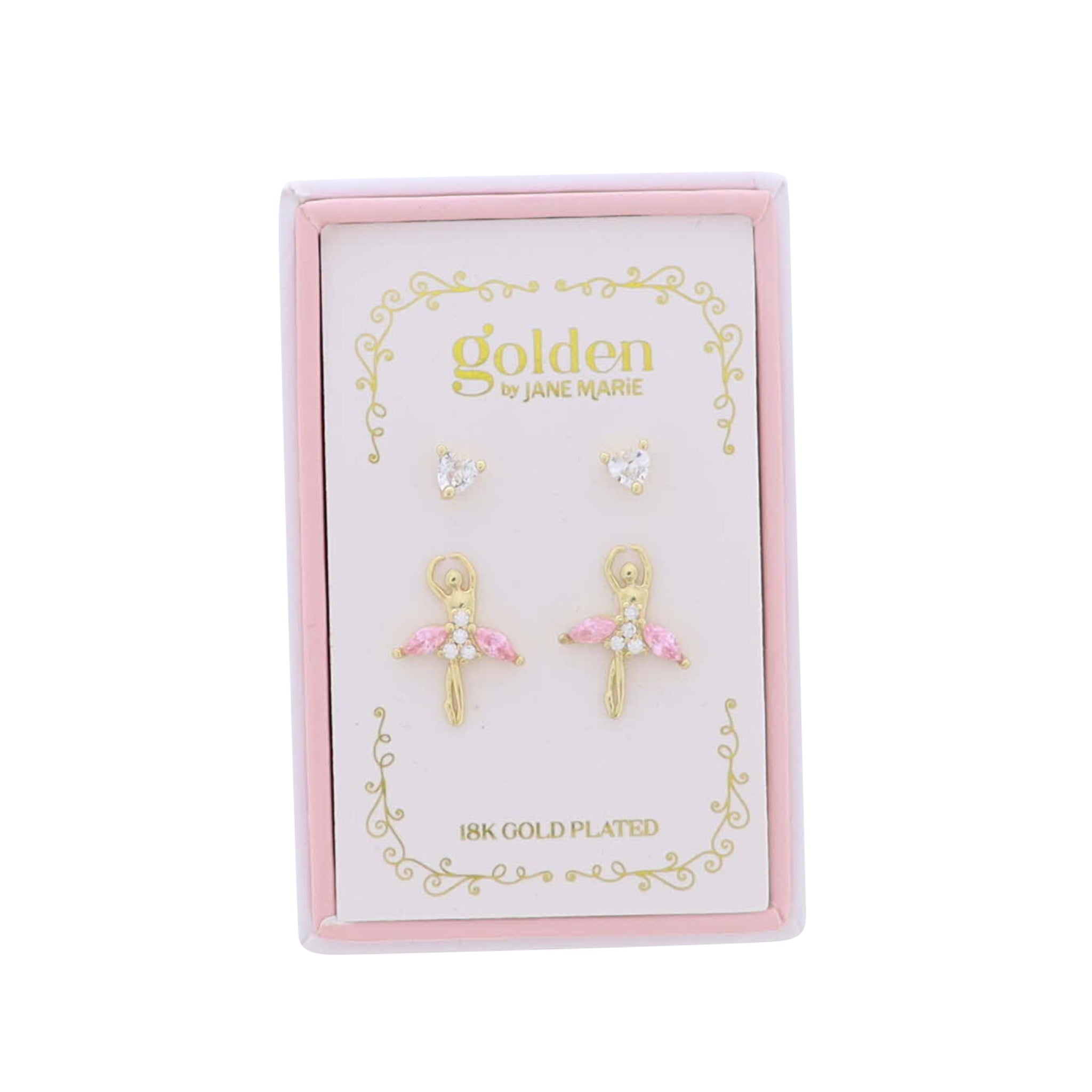 Kids 18K Gold Plated Set of 2 Heart & Pink Ballerina Stud Earrings