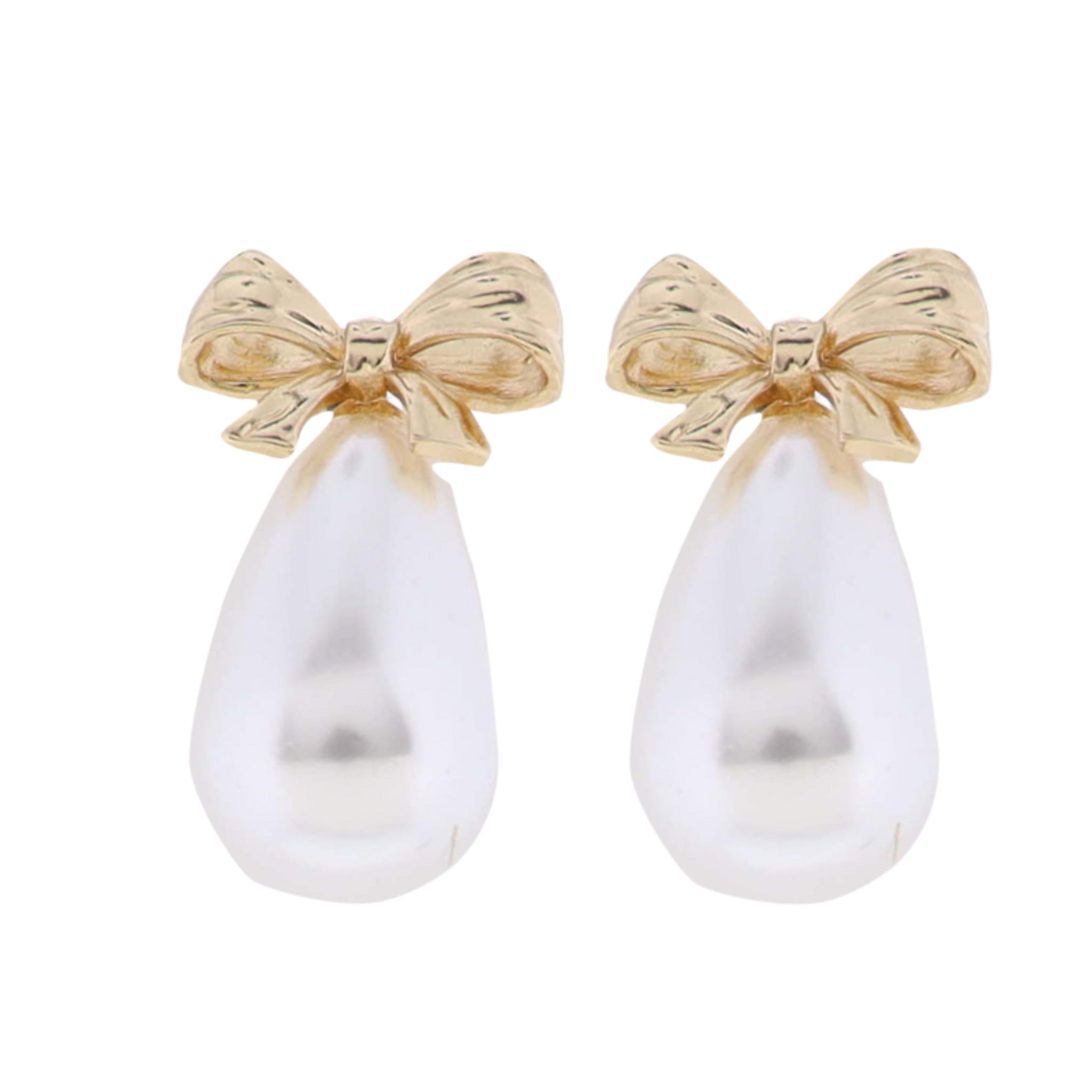 Gold Bow Earring with Pearl Teardrop