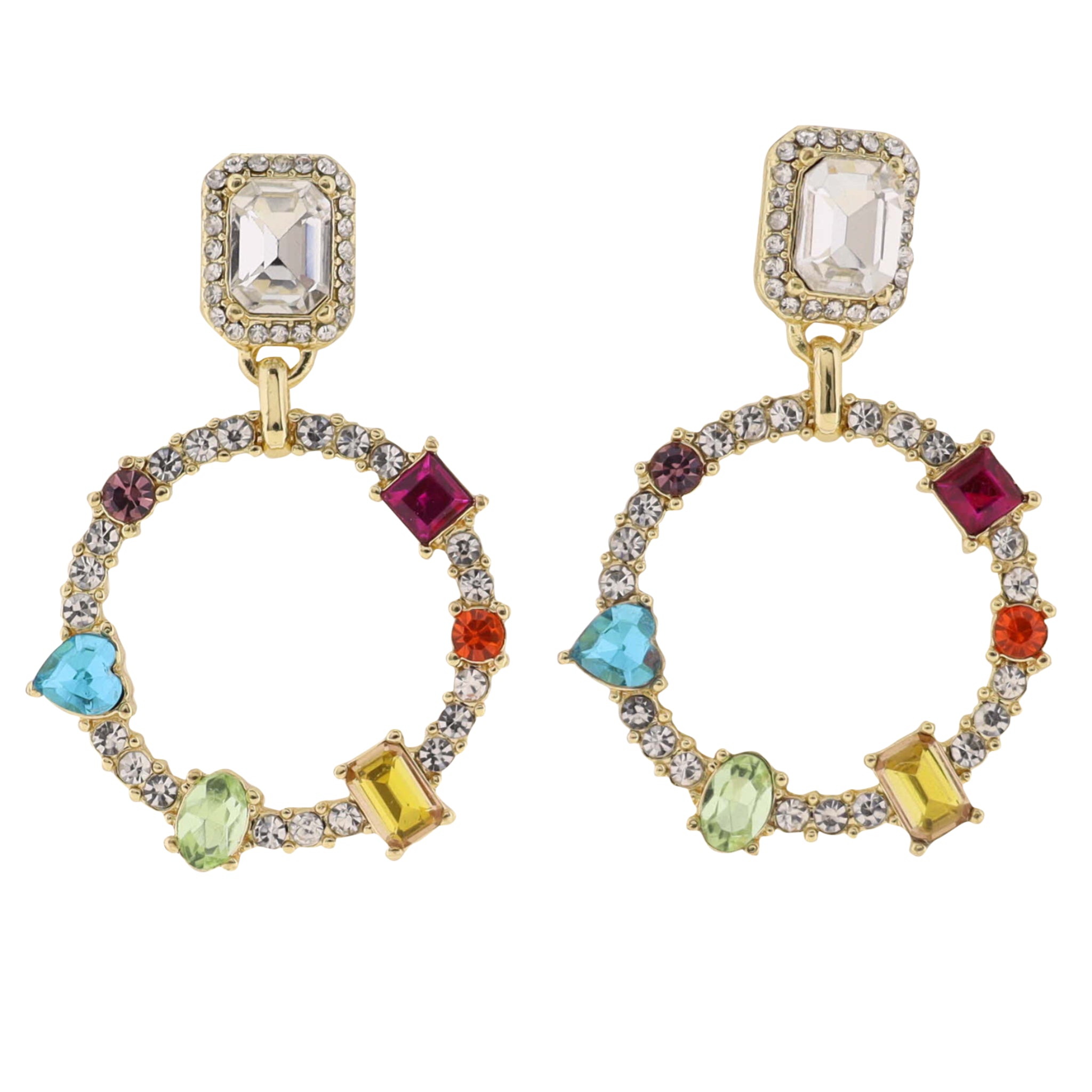 Multi Crystal Circle Earring with Clear Crystal Rectangle Post