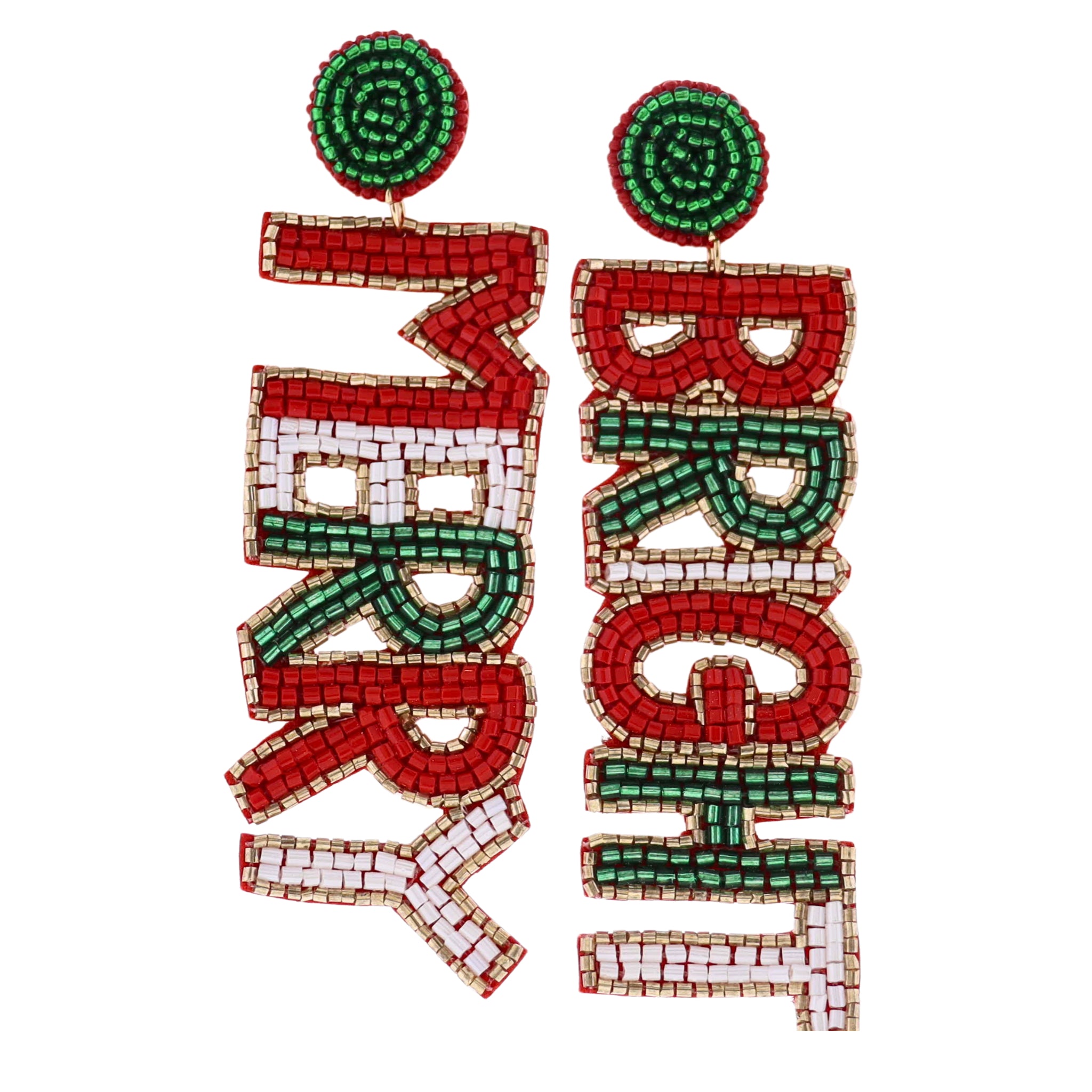Red, White, & Green Beaded "Merry" "Bright" Earring