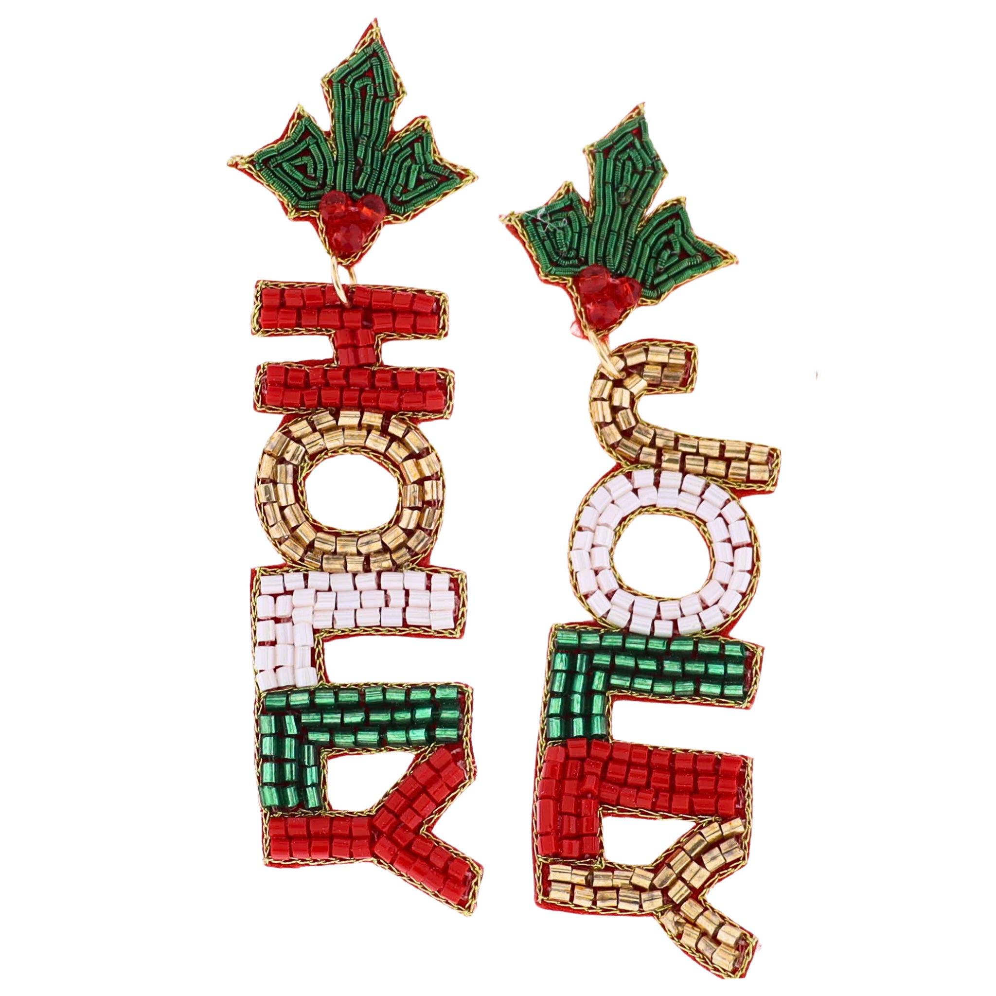 Red, White, Gold, & Green Beaded "Holly" "Jolly" Earring
