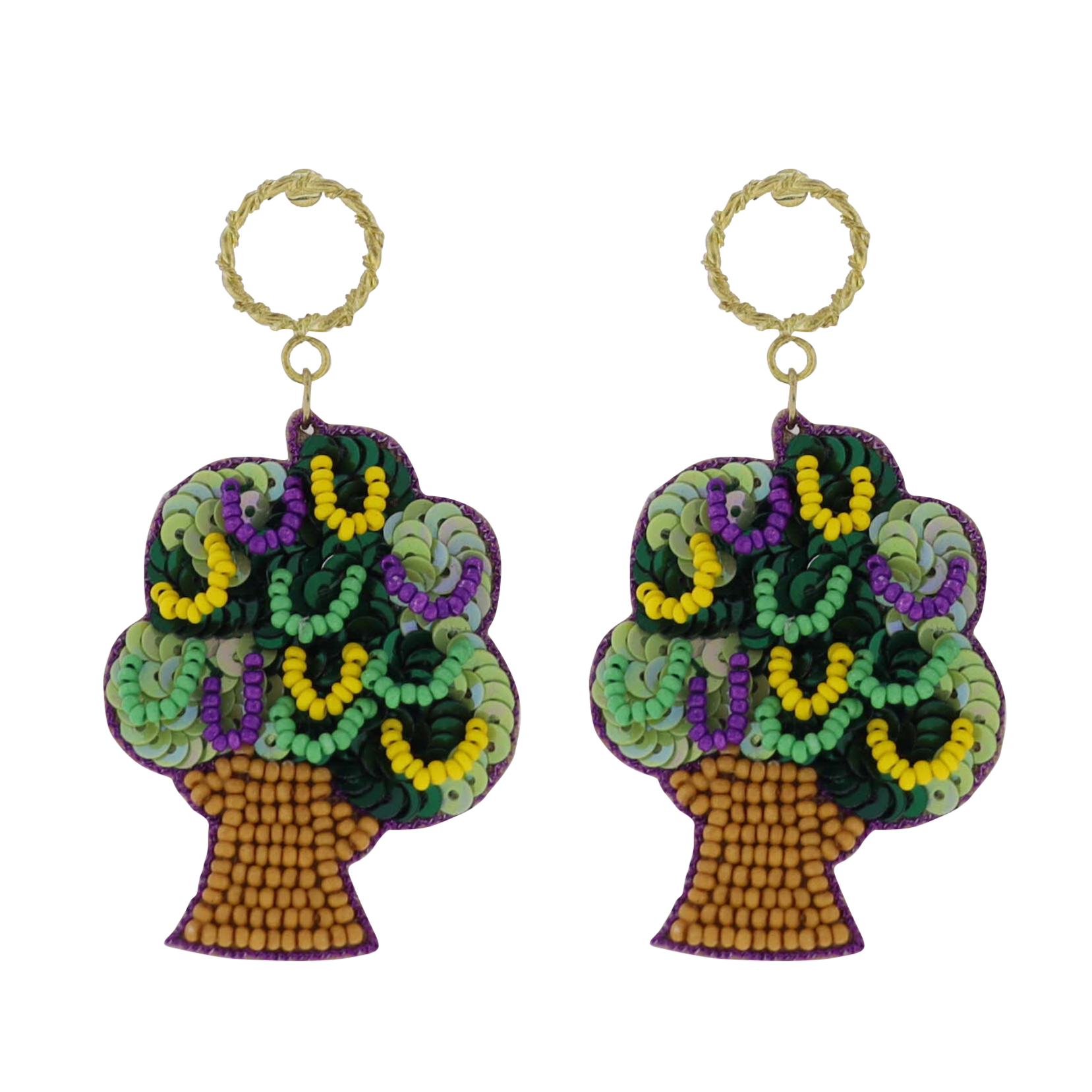 Purple, Green, Yellow Mardi Gras Tree Beaded Earrings