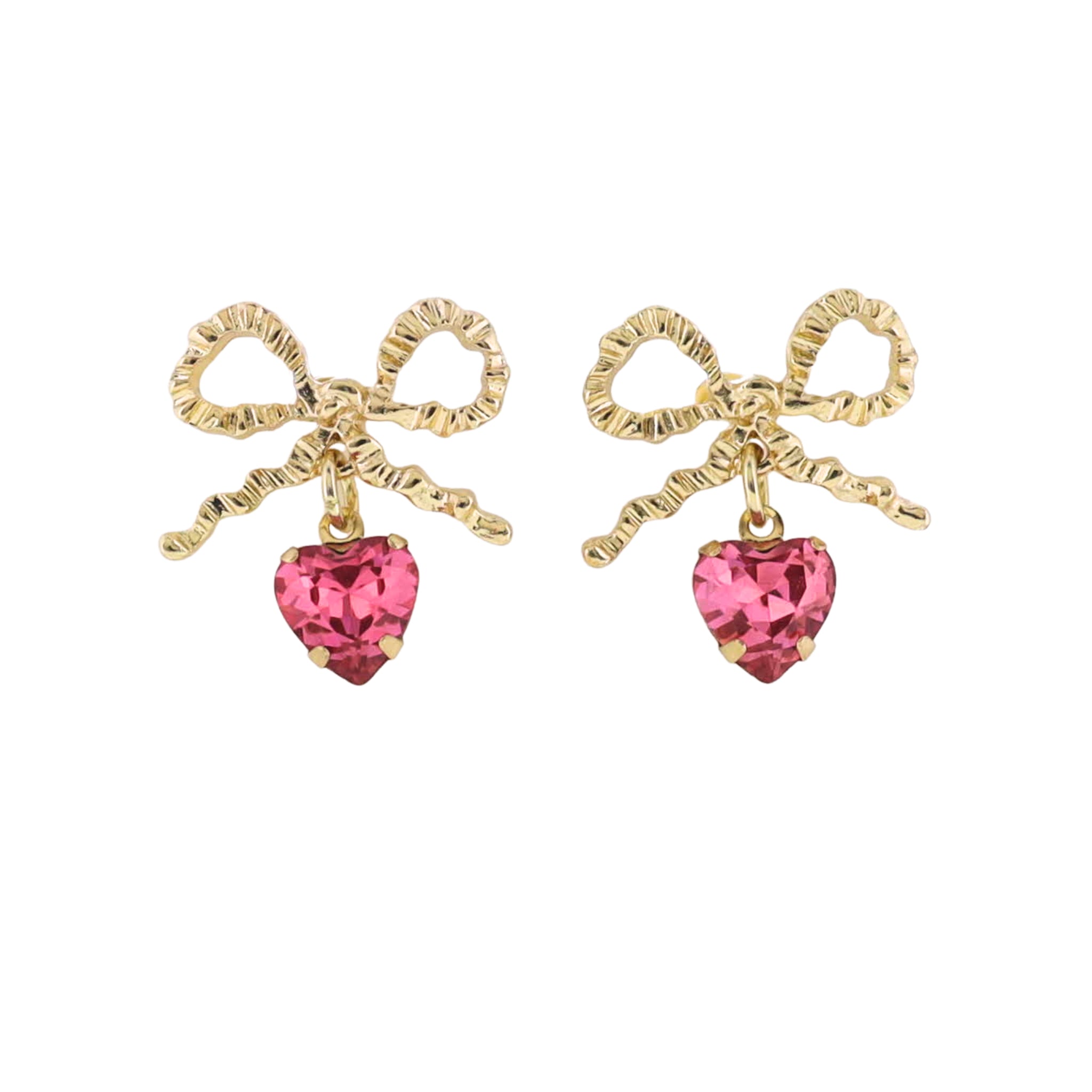 Gold Bow Earring with Pink Crystal Heart