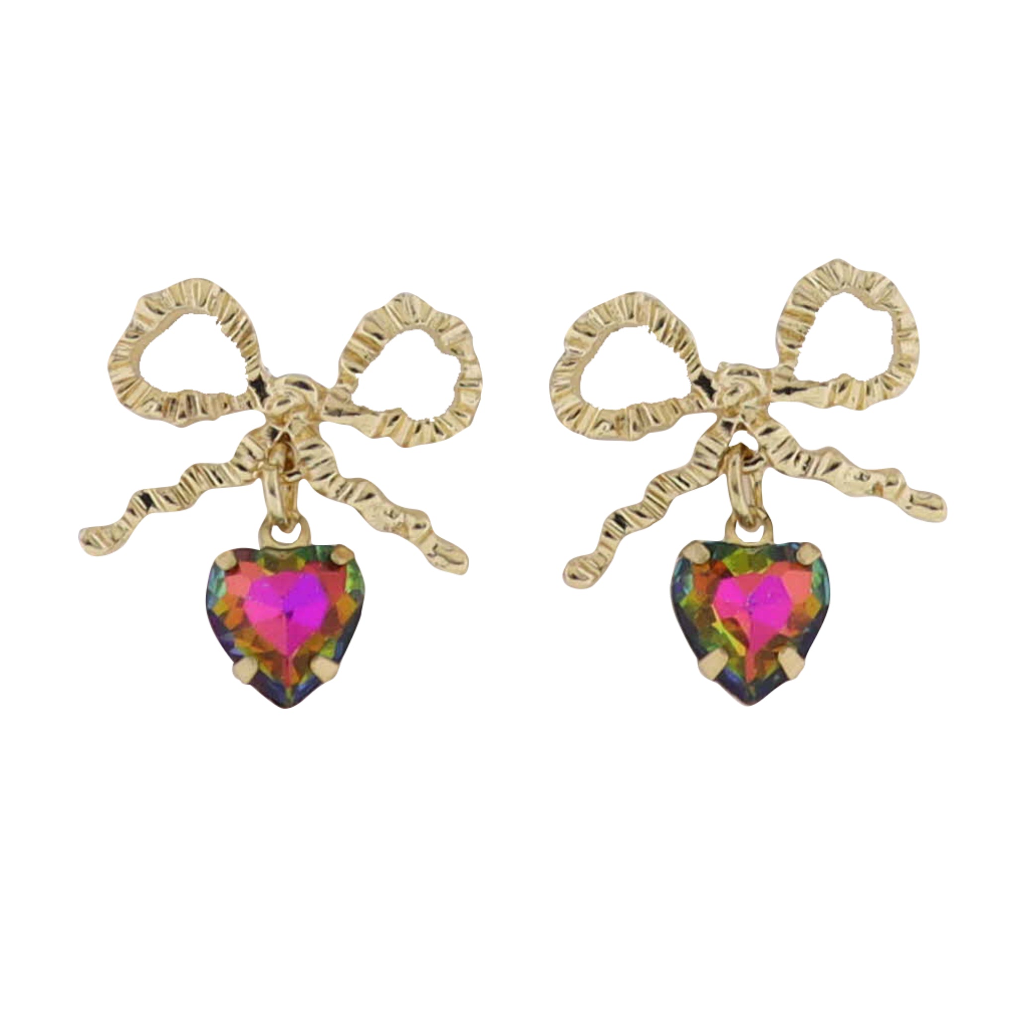 Gold Bow Earring with Multi Crystal Heart