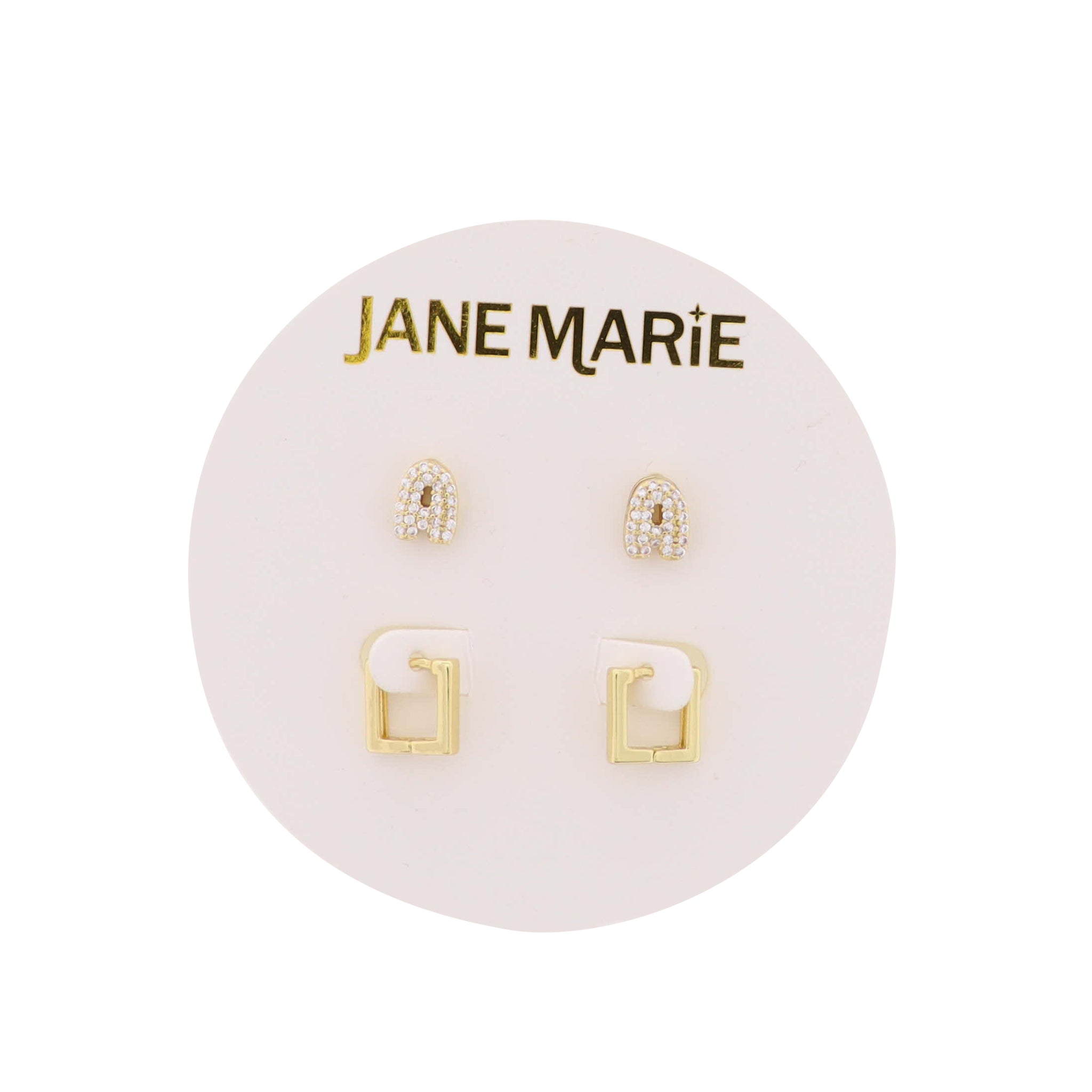 18K Gold Plated Clear Crystal "A" Initial Set of 2, Gold Square Huggie Earring