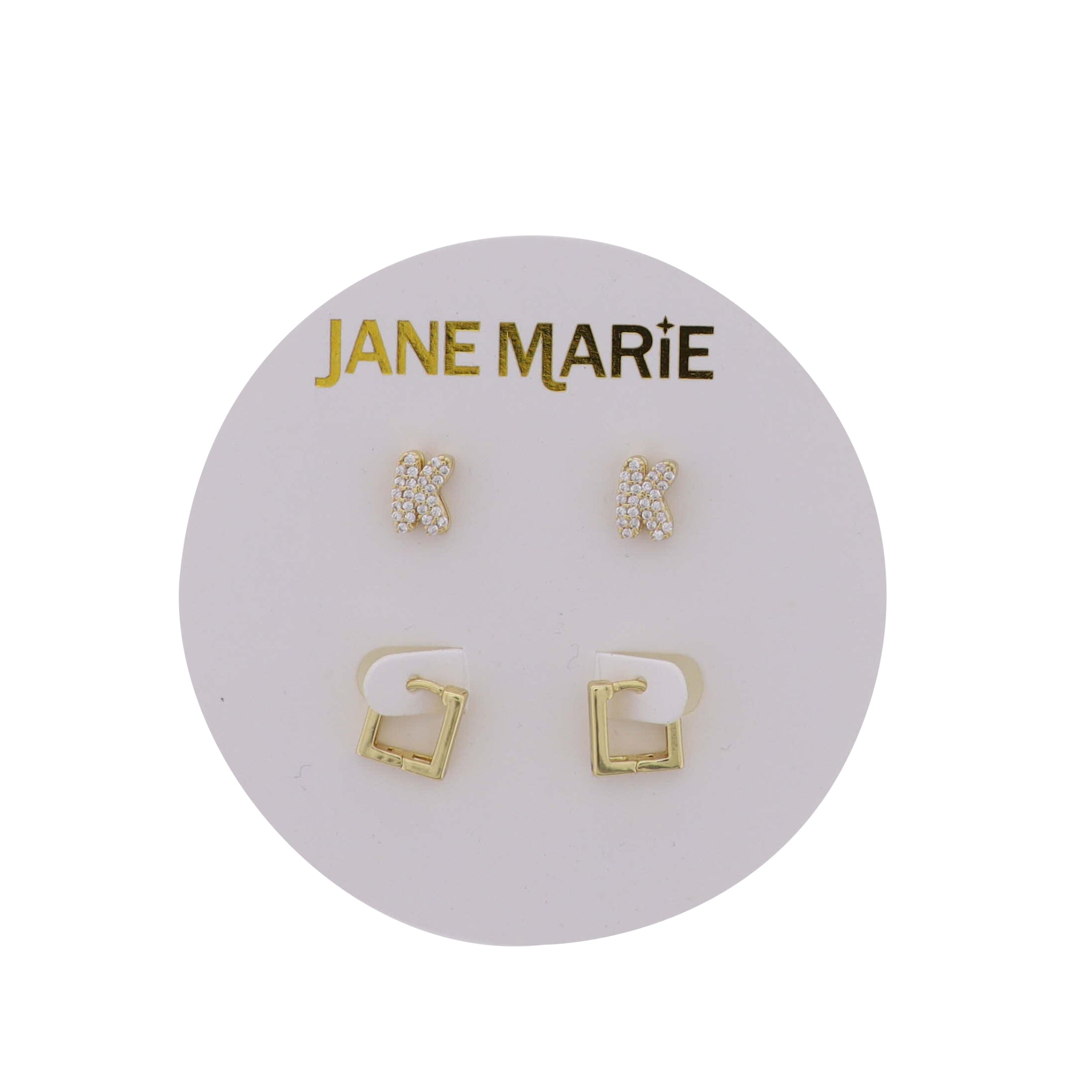 18K Gold Plated Clear Crystal "K" Initial Set of 2, Gold Square Huggie Earring