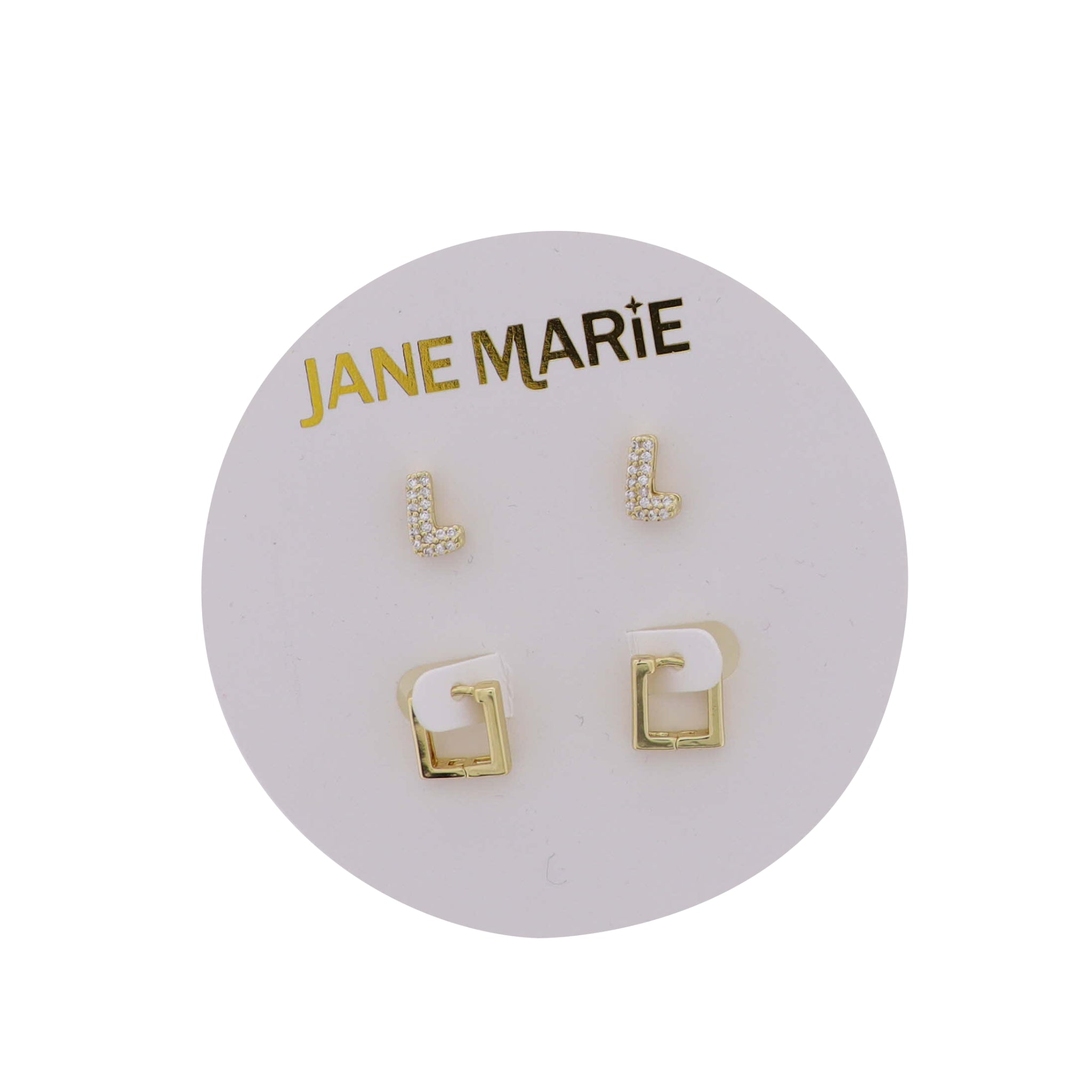 18K Gold Plated Clear Crystal "L" Initial Set of 2, Gold Square Huggie Earring