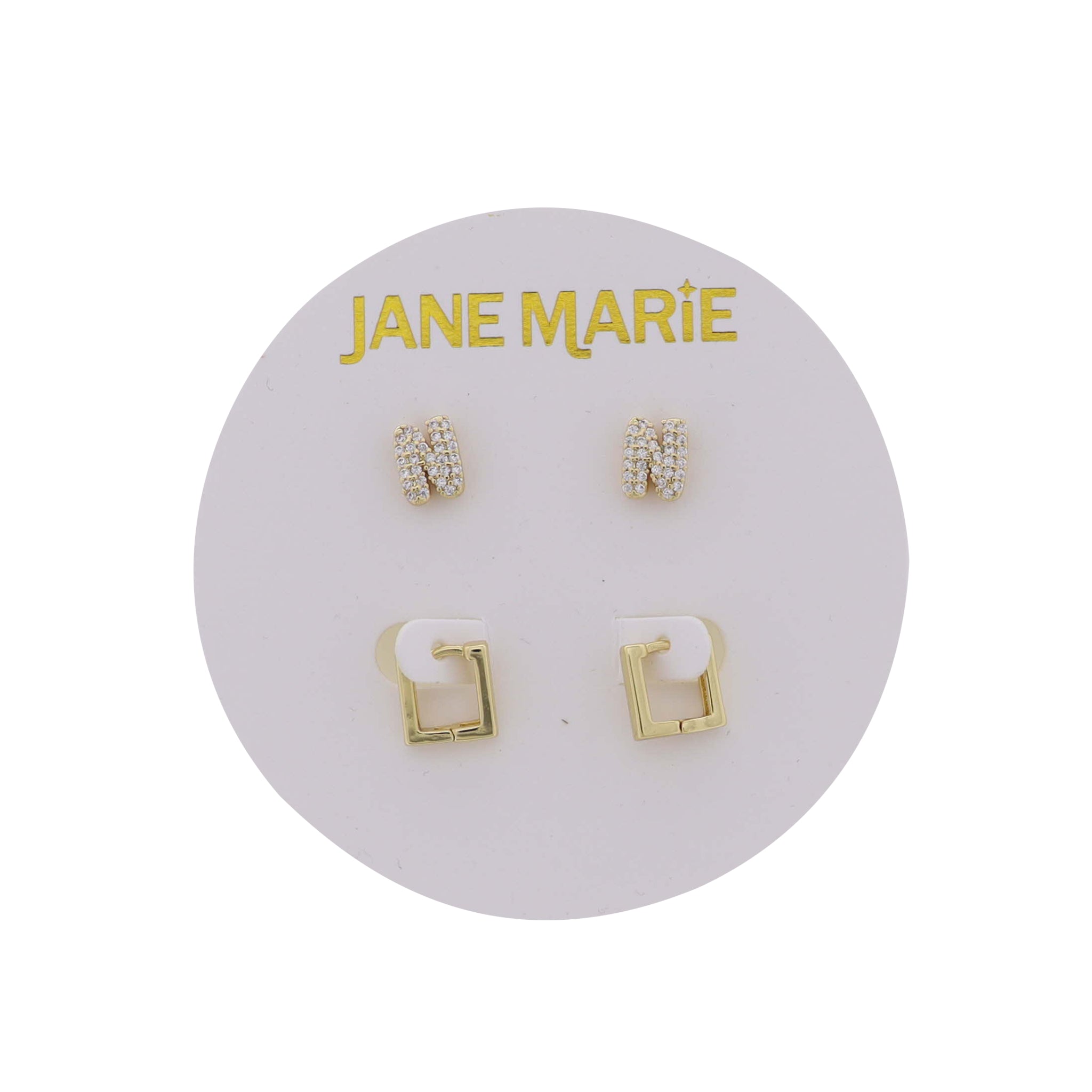 18K Gold Plated Clear Crystal "N" Initial Set of 2, Gold Square Huggie Earring