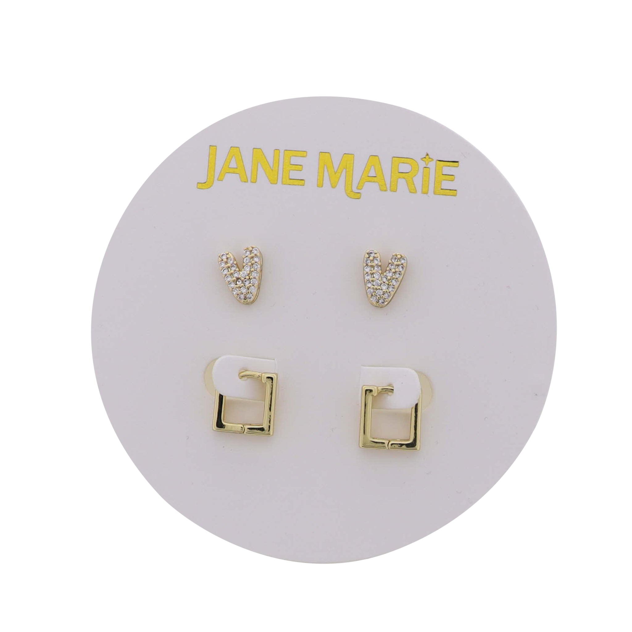 18K Gold Plated Clear Crystal "V" Initial Set of 2, Gold Square Huggie Earring