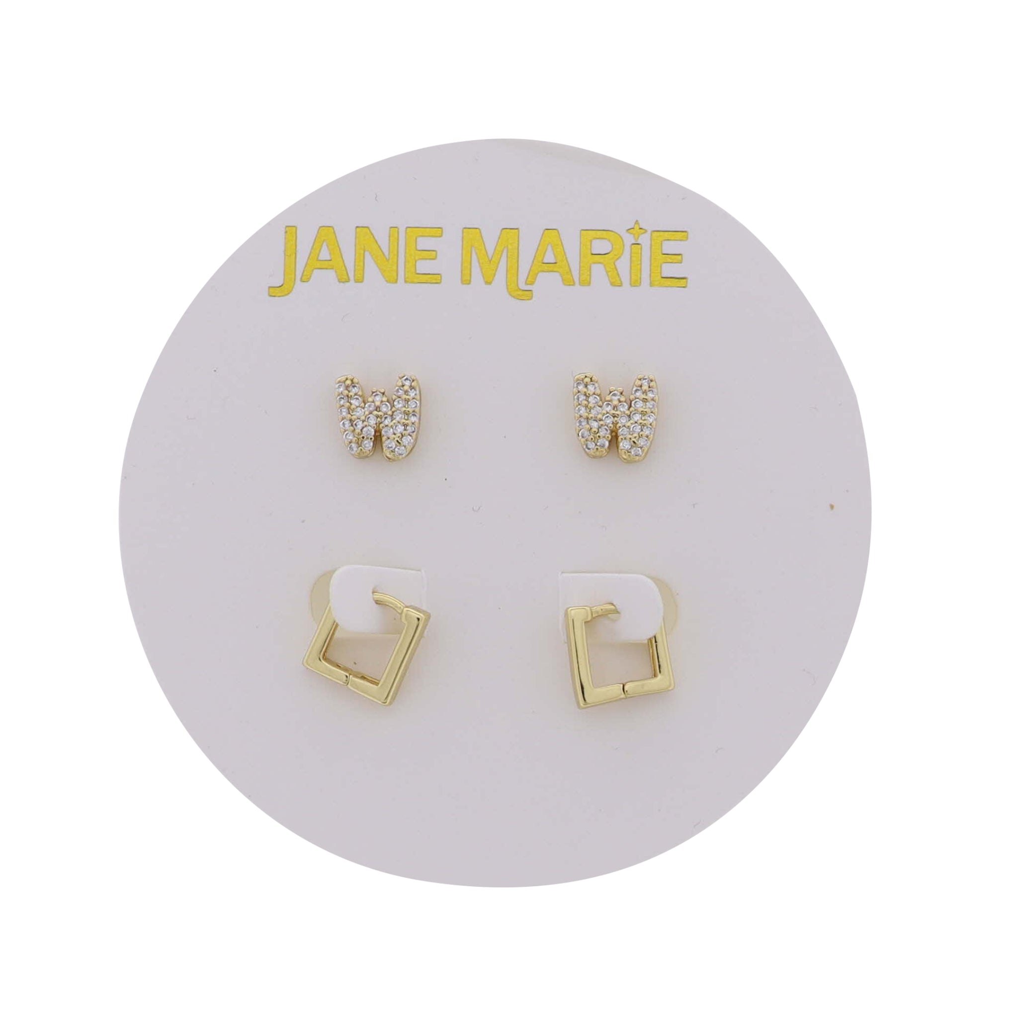 18K Gold Plated Clear Crystal "W" Initial Set of 2, Gold Square Huggie Earring