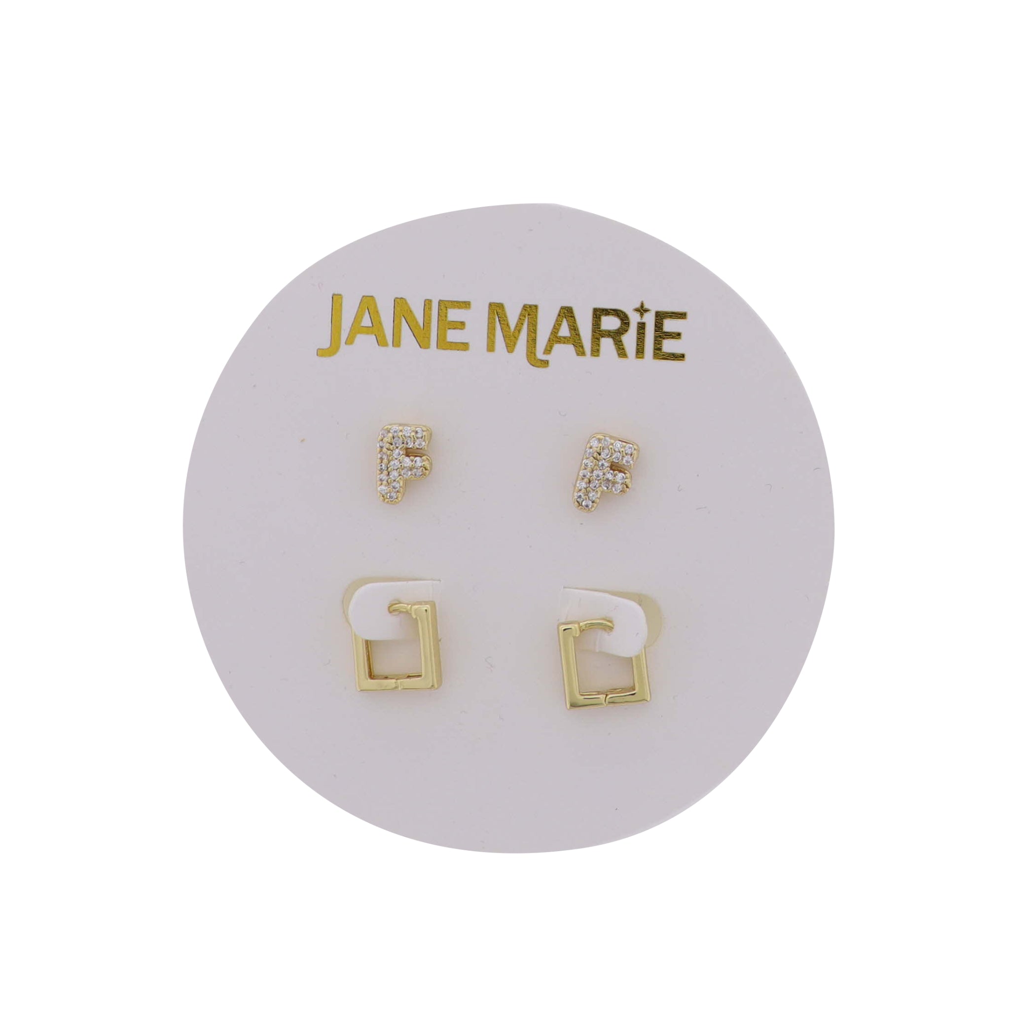 18K Gold Plated Clear Crystal "F" Initial Set of 2, Gold Square Huggie Earring