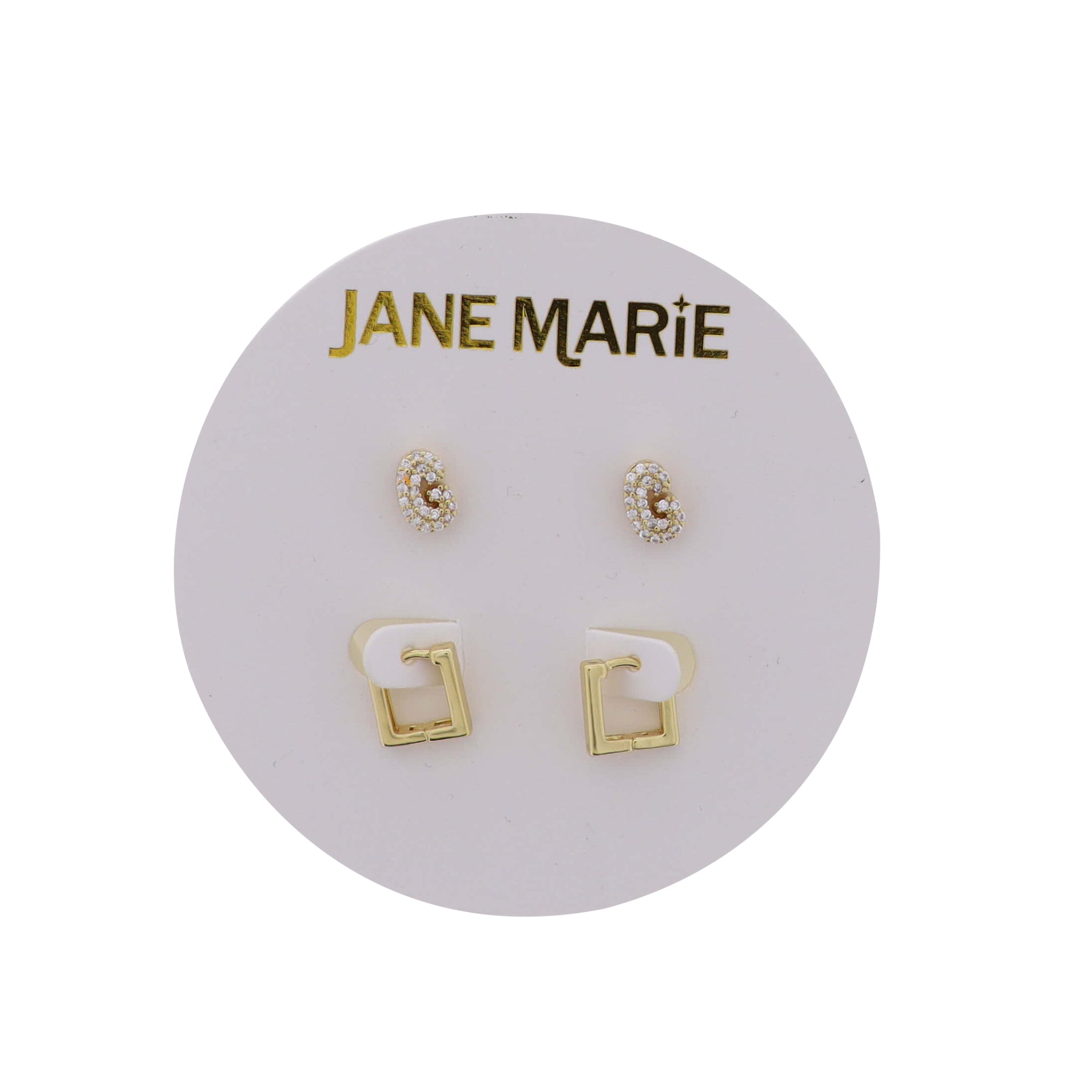 18K Gold Plated Clear Crystal "G" Initial Set of 2, Gold Square Huggie Earring