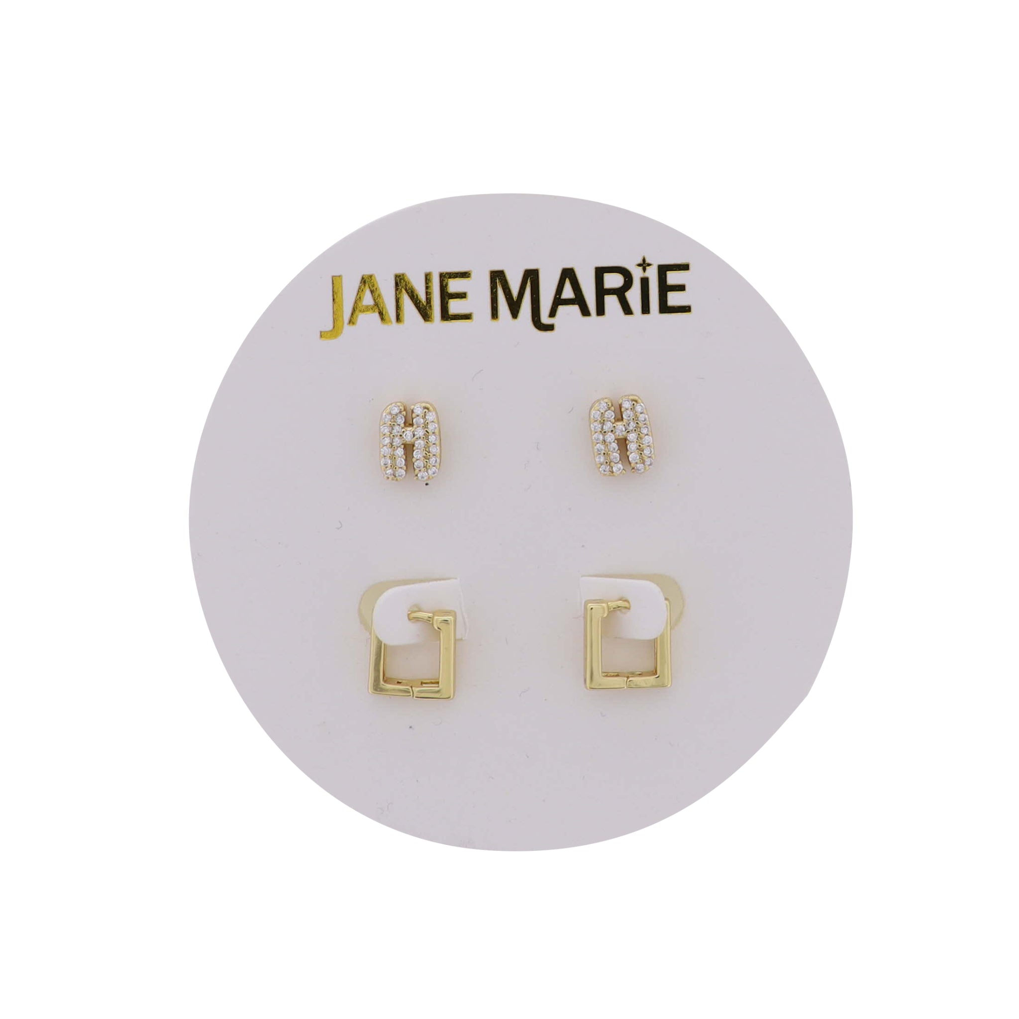 18K Gold Plated Clear Crystal "H" Initial Set of 2, Gold Square Huggie Earring