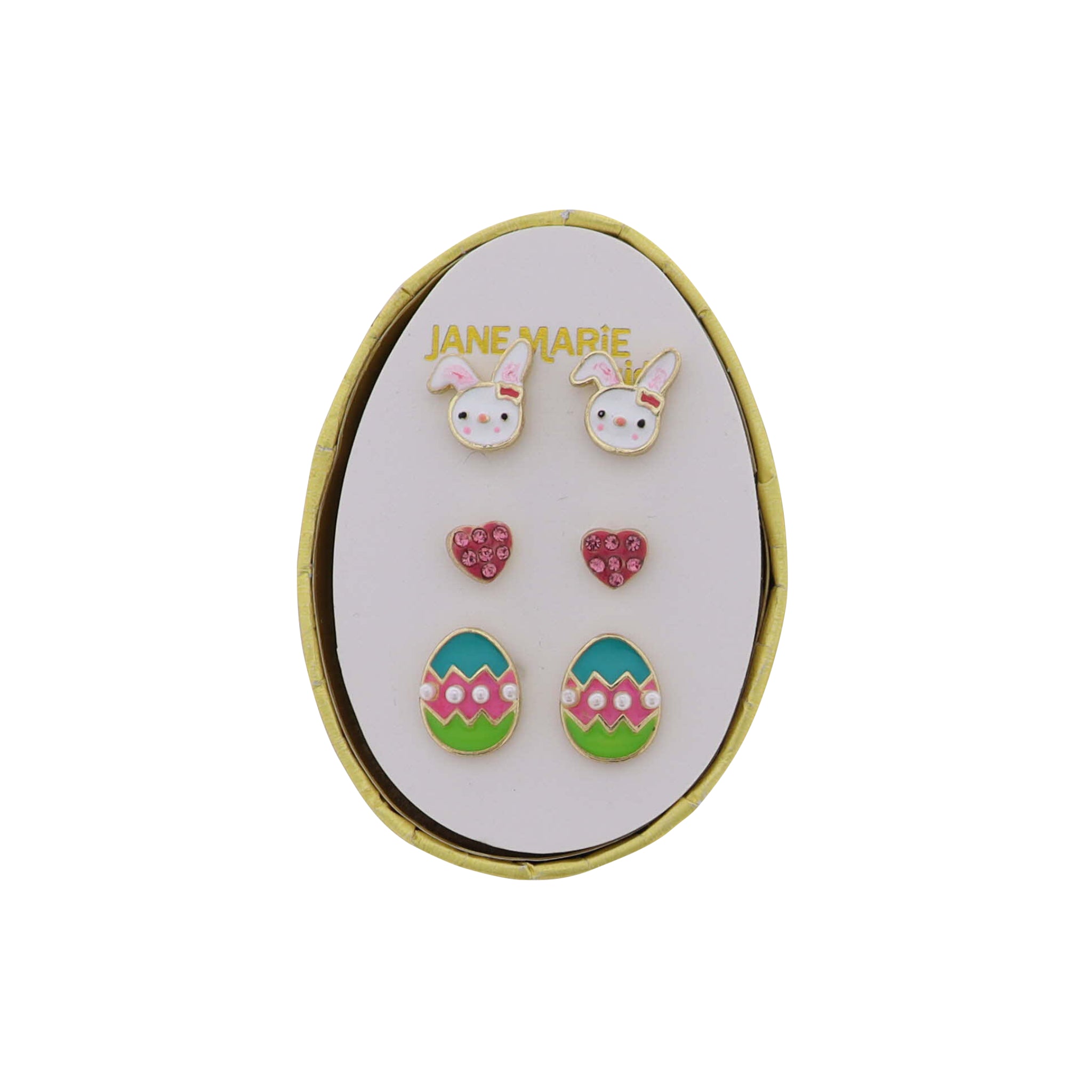Kids Set of 3 Stud, Bunny, Pink Heart, Colorful Egg Earring