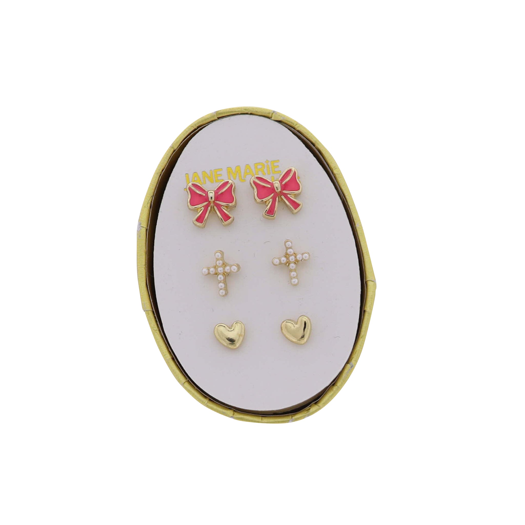 Kids Set of 3 Stud, Pink Bow, Pearl Cross, Gold Heart Earring
