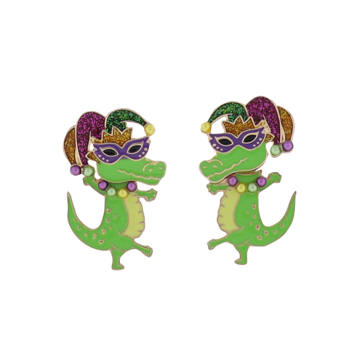 Enamel Green Alligator with Purple Mardi Mask & Jester Hat Earrings