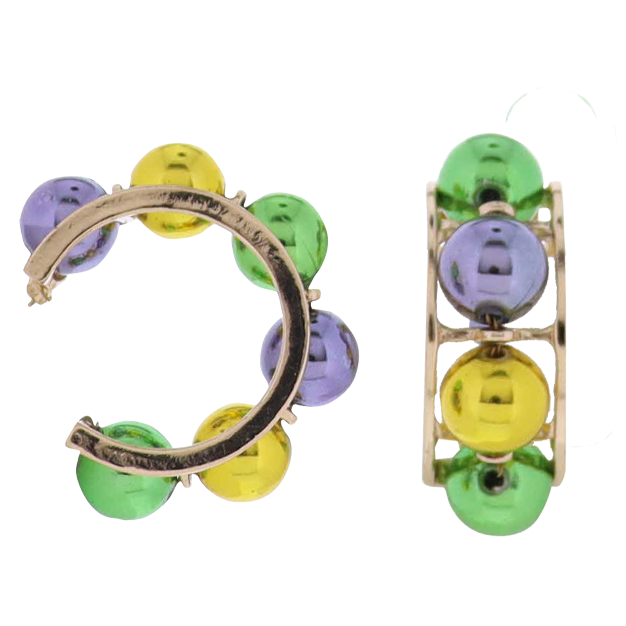 Beaded Purple, Gold, Green Ball Hoop Earrings
