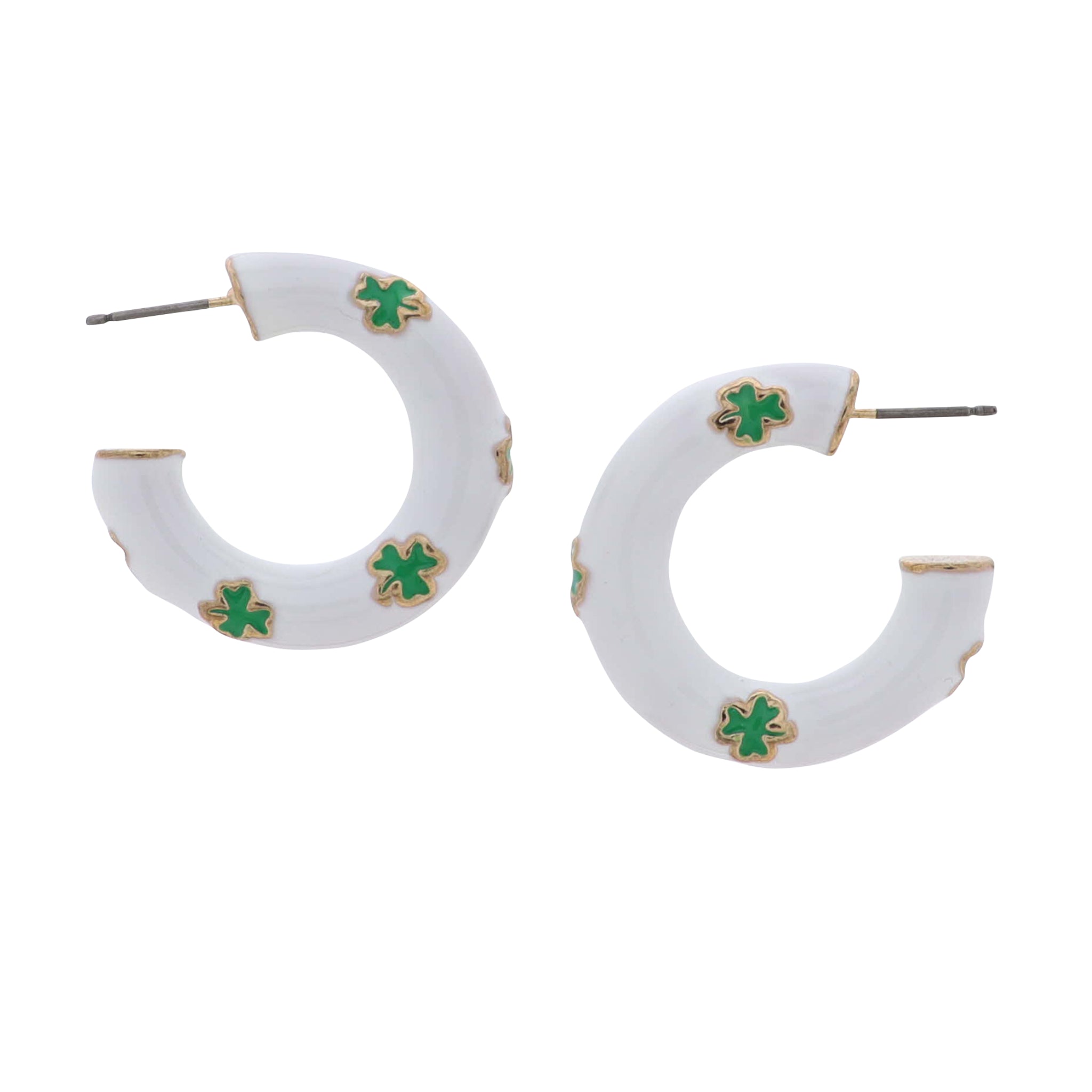 White Enamel Hoop Earrings with Green Clovers