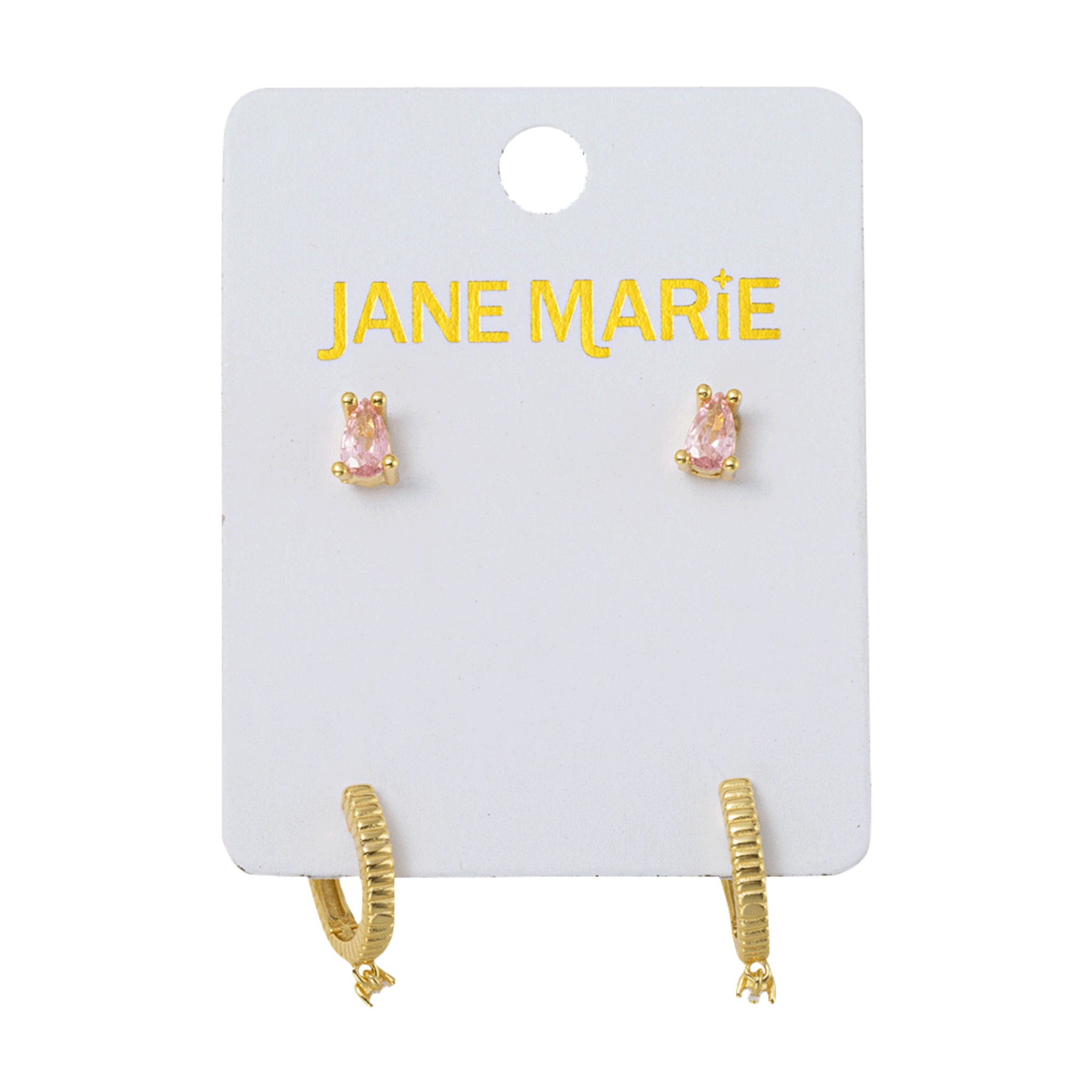18K Gold Plated Set of 2, Pink Crystal with Clear Crystal Huggie Earring