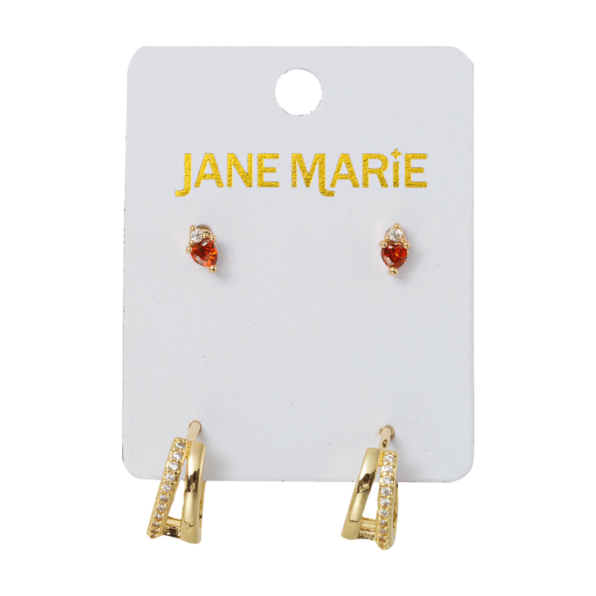 18K Gold Plated Set of 2, Red Crystal with Clear Crystal 2 Band Huggie Earring