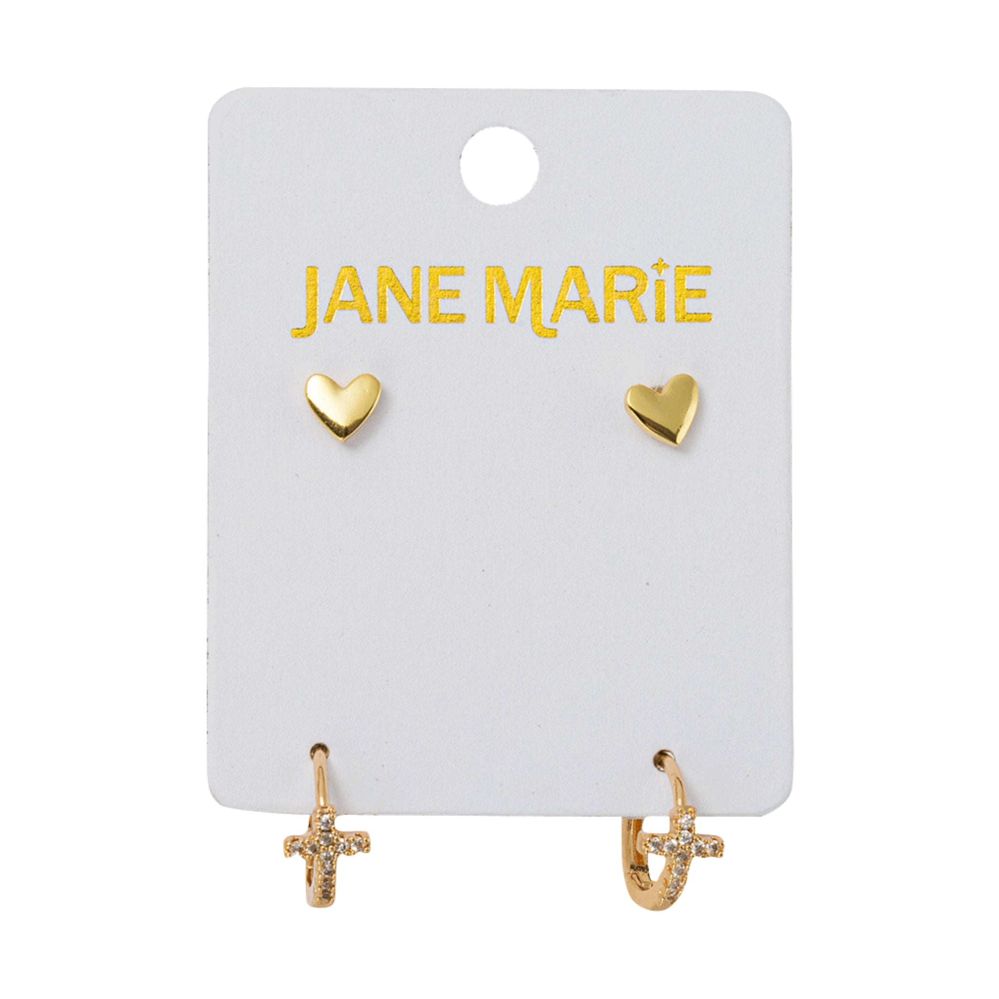 18K Gold Plated Set of 2, Heart with Clear Crystal Cross Huggie Earrin