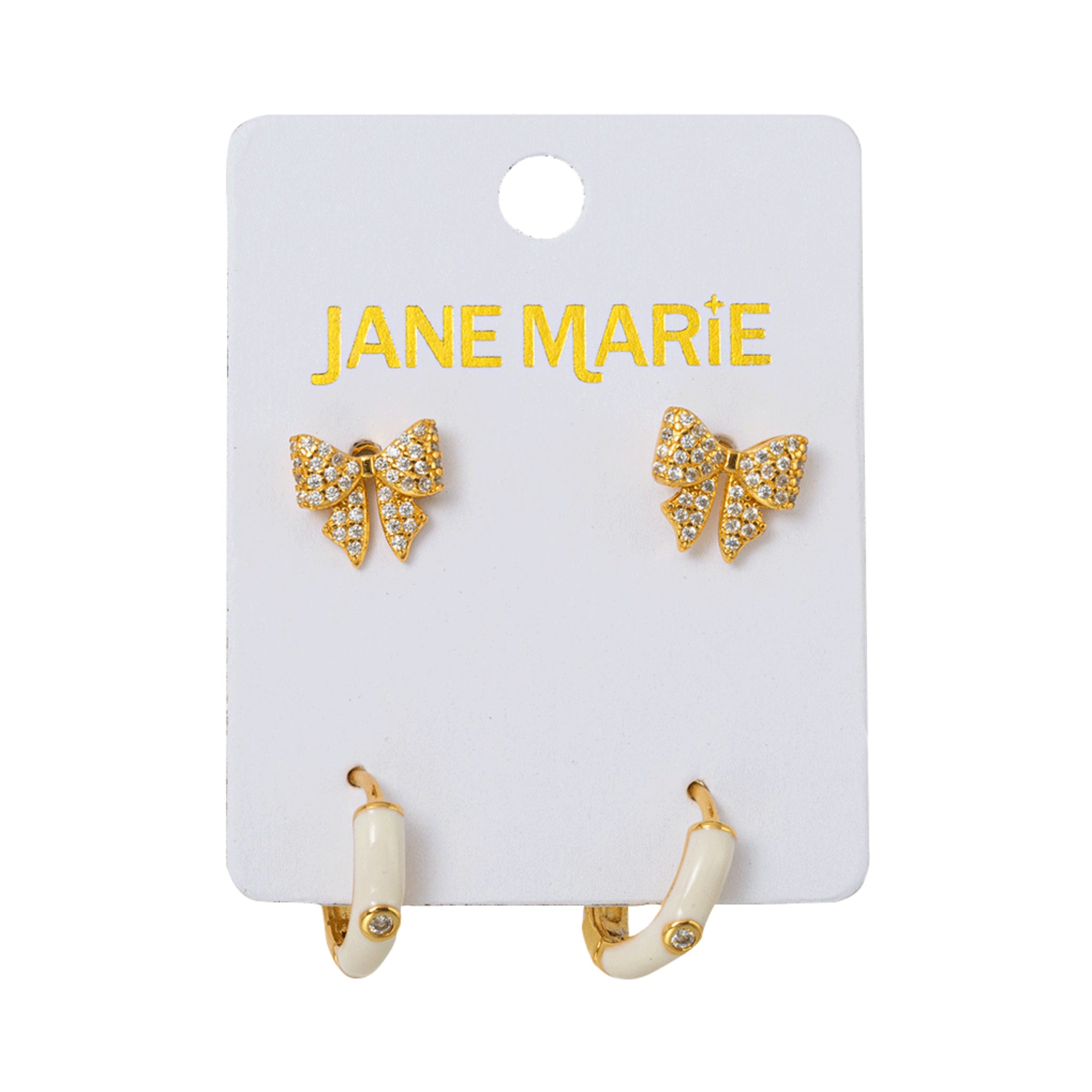 18K Gold Plated Set of 2, Crystal Bow with White Enamel Huggie Earring