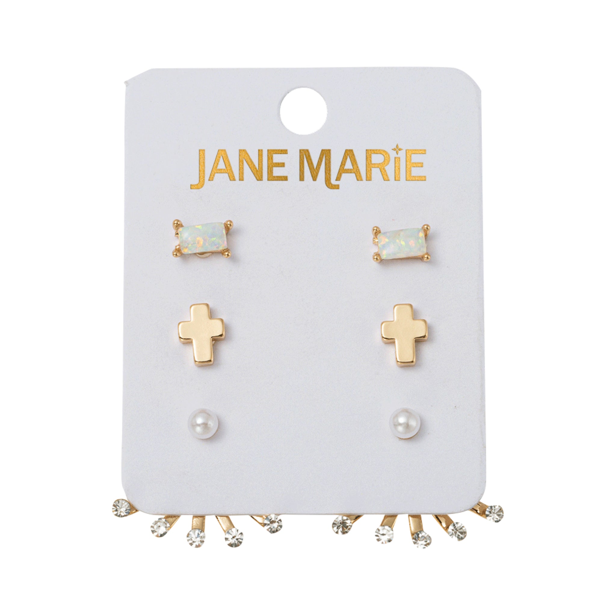 Set of 3 Earrings, Opal Rectangle, Gold Cross, Pearl with Crystal Top Fan Jacket