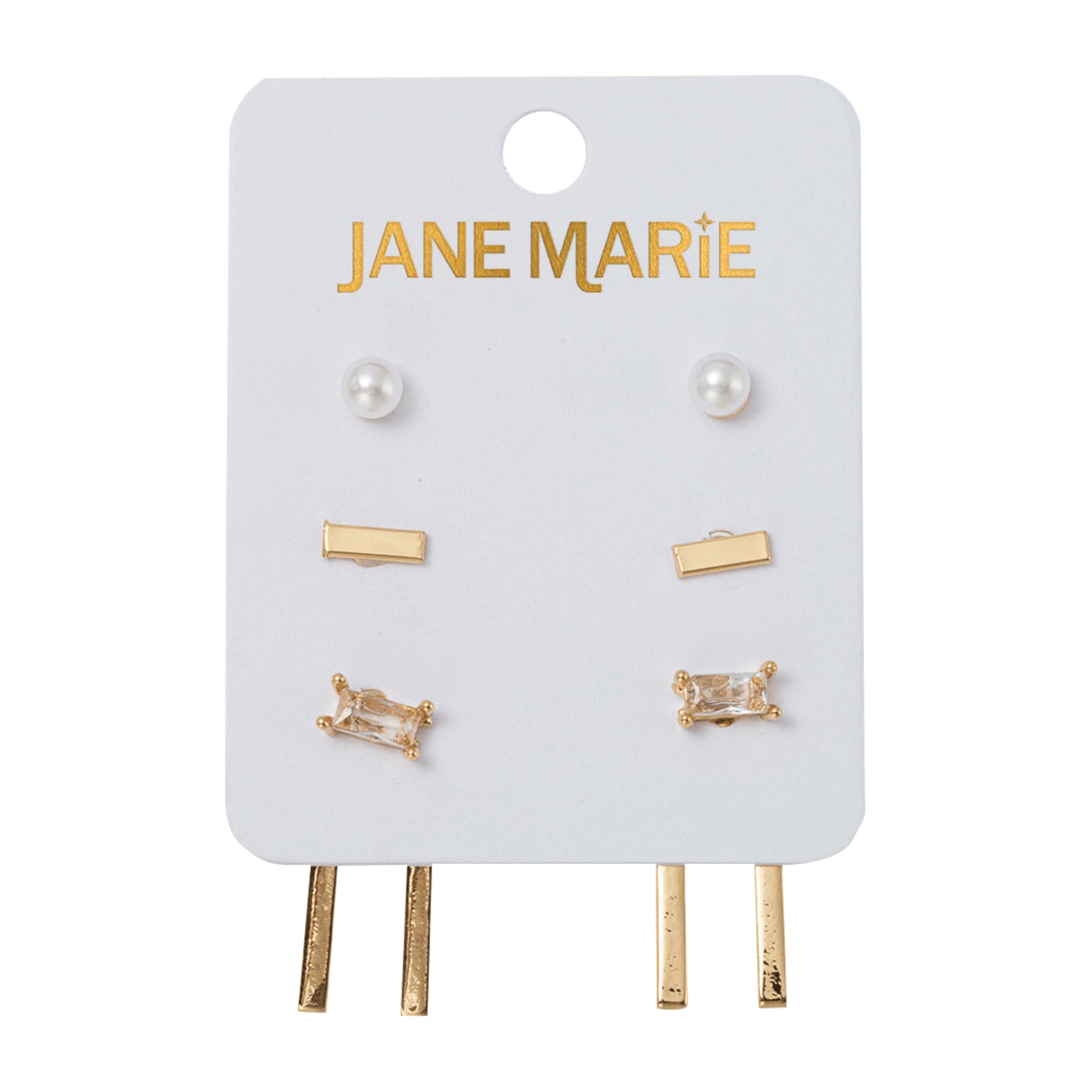 Set of 3 Earrings, Pearl, Gold Bar, Clear Rectangle Crystal with Jacket Double Bar