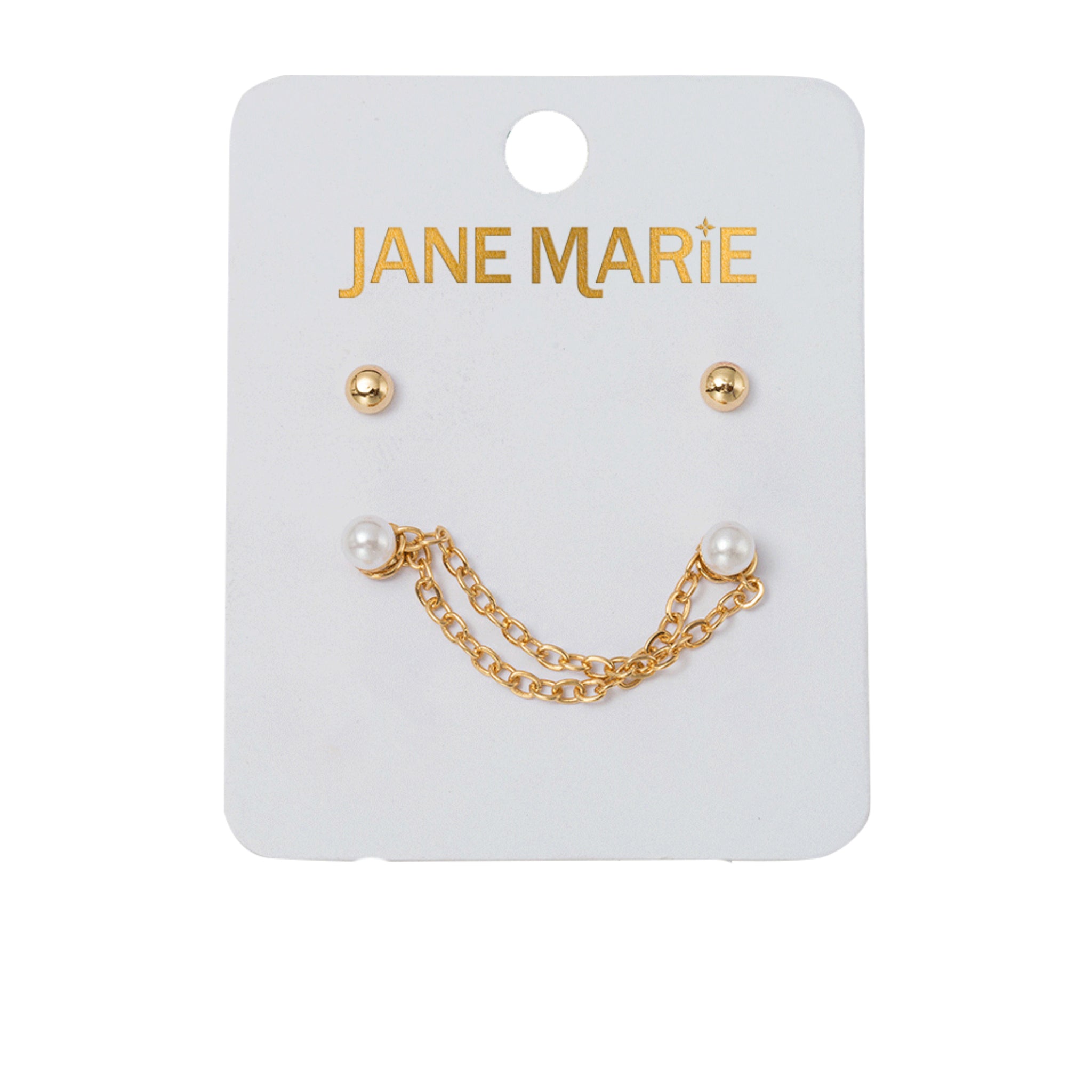 Set of 2 Earrings, Gold Ball, Pearl Double Stud Chain Earring