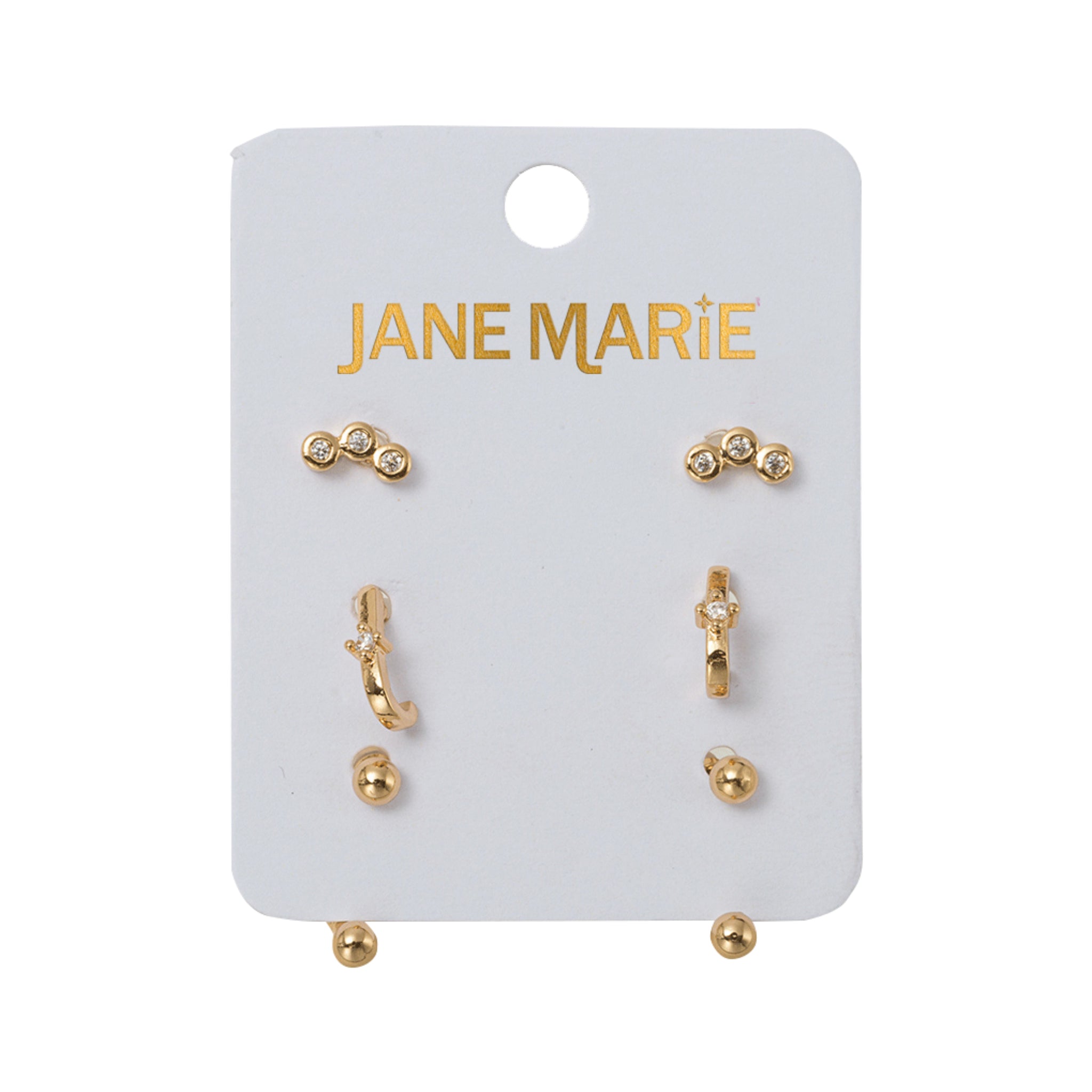 Set of 3 Earrings, 3 Clear Crystals, Crystal Faux Huggie, Gold Ball with Gold Ball Jacket