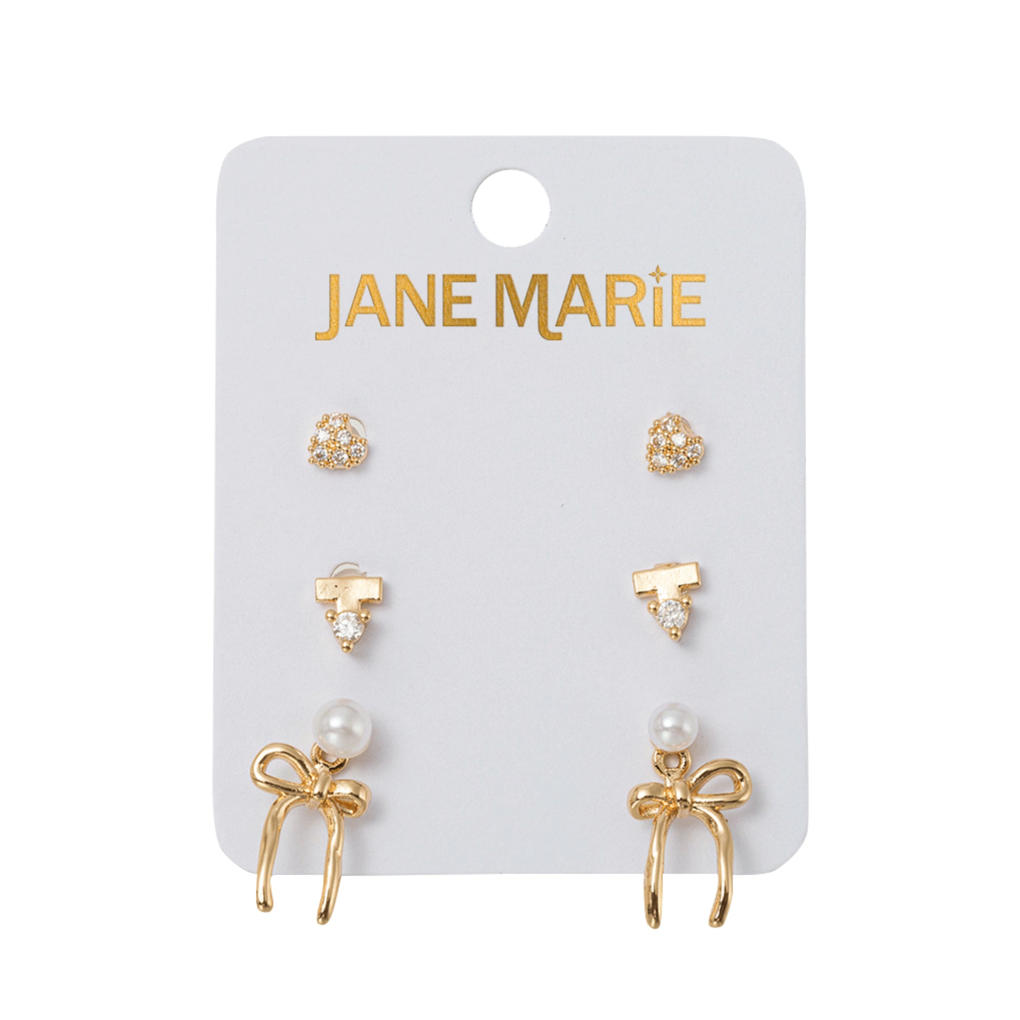 Set of 3 Earrings, Crystal Heart, Crystal with Bar, Pearl with Bow Jacket