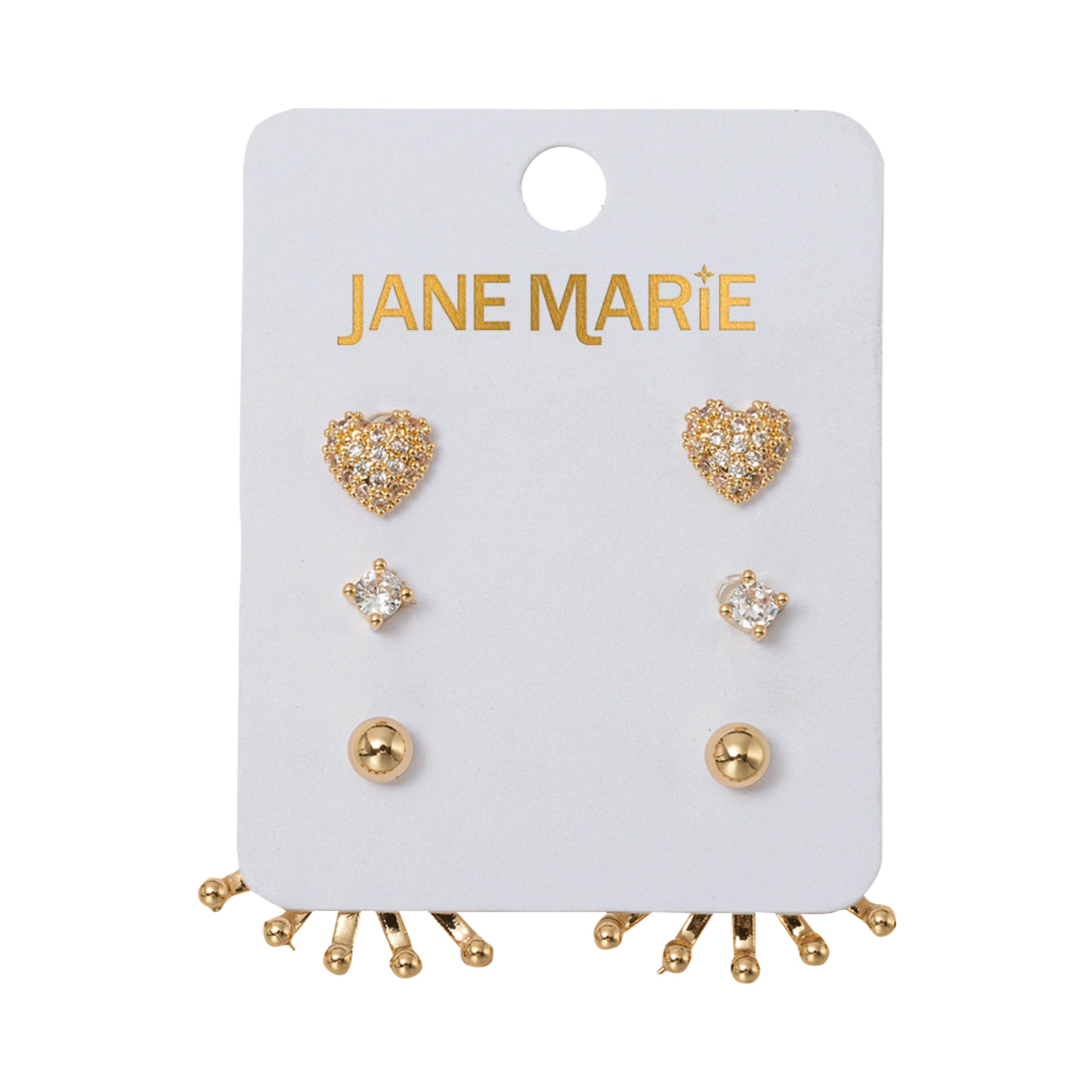 Set of 3 Earrings, Crystal Heart, Crystal, Gold Ball with Gold Ball Tip Fan Jacket