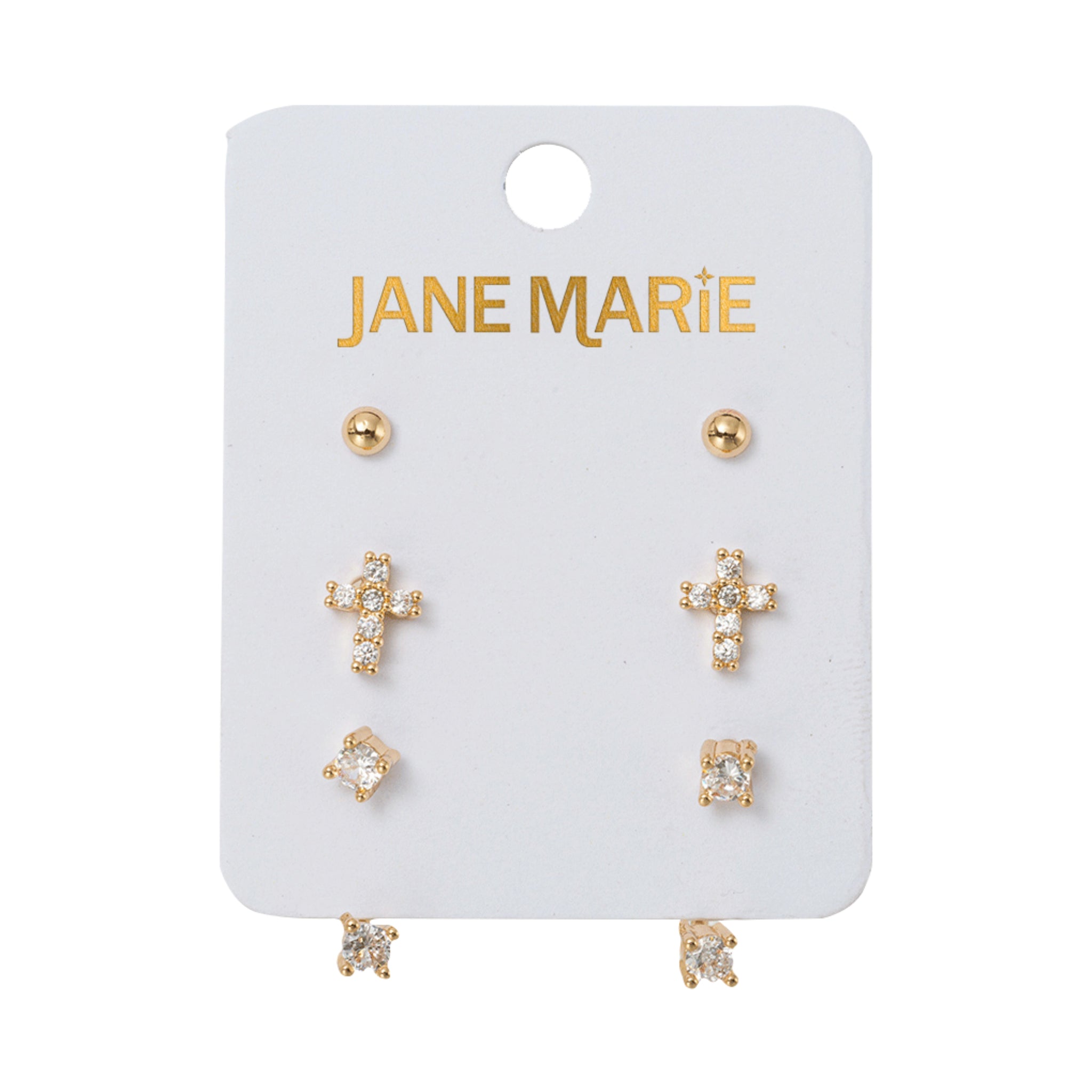 Set of 3 Earrings, Gold Ball, Crystal Cross, Crystal with Crstyal Jacket