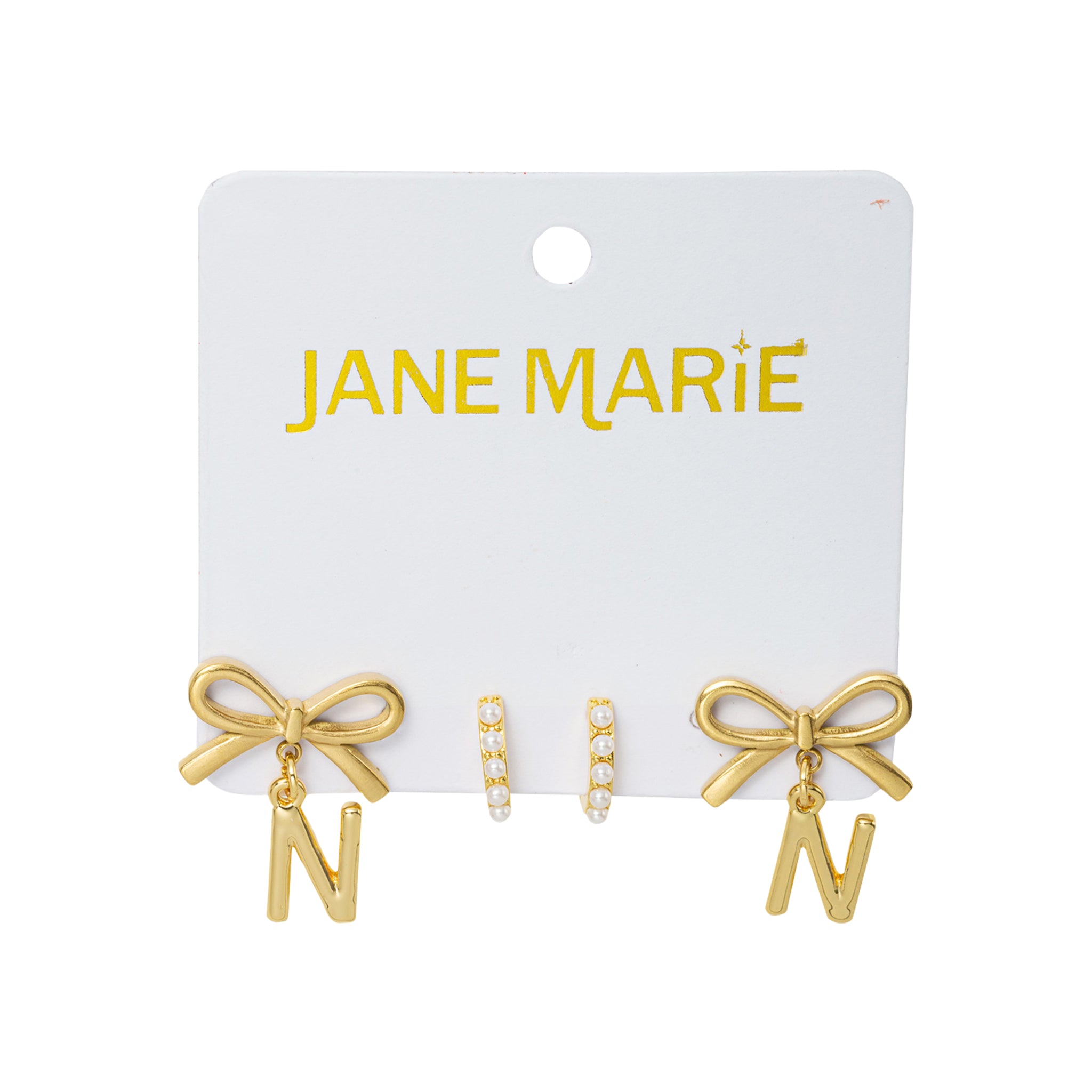 18K Gold Plated Set of 2, Pearl Huggie and Gold Bow & Initial "N" Earring