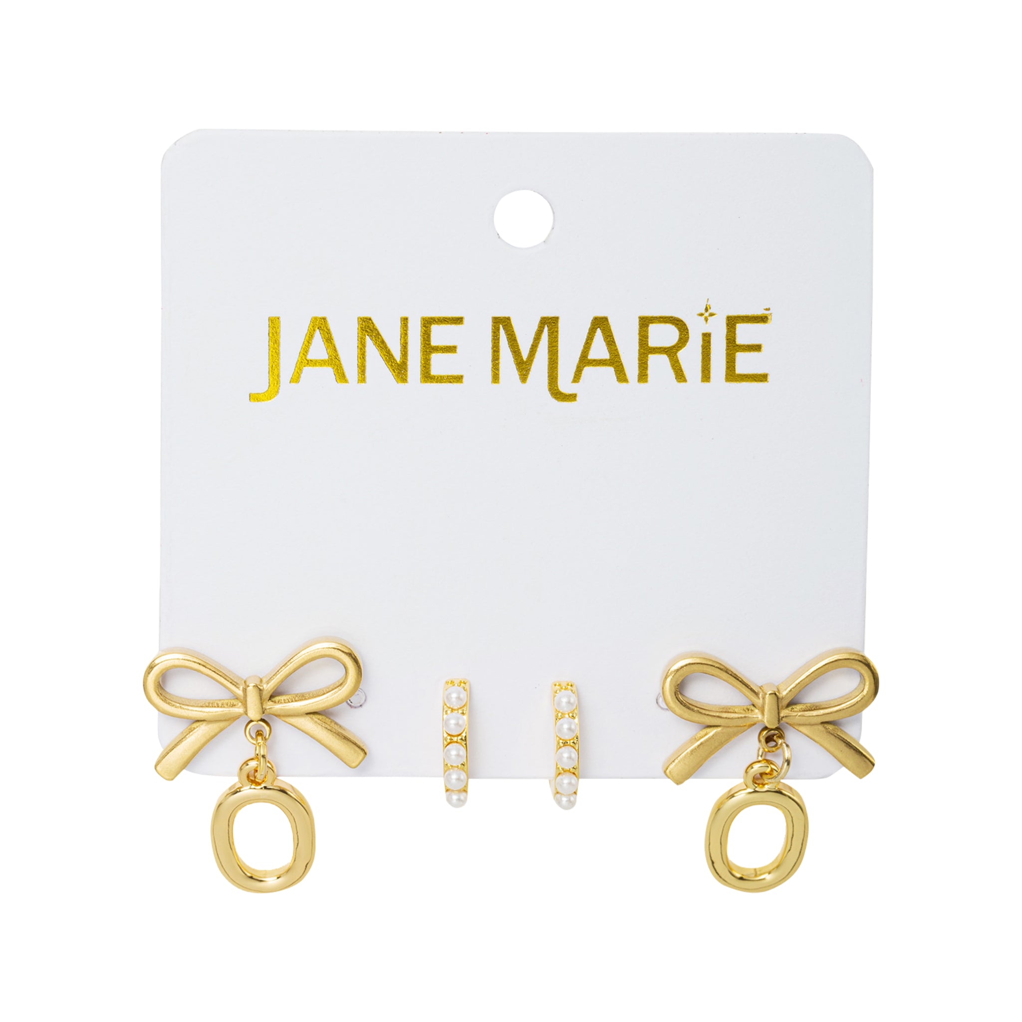 18K Gold Plated Set of 2, Pearl Huggie and Gold Bow & Initial "O" Earring