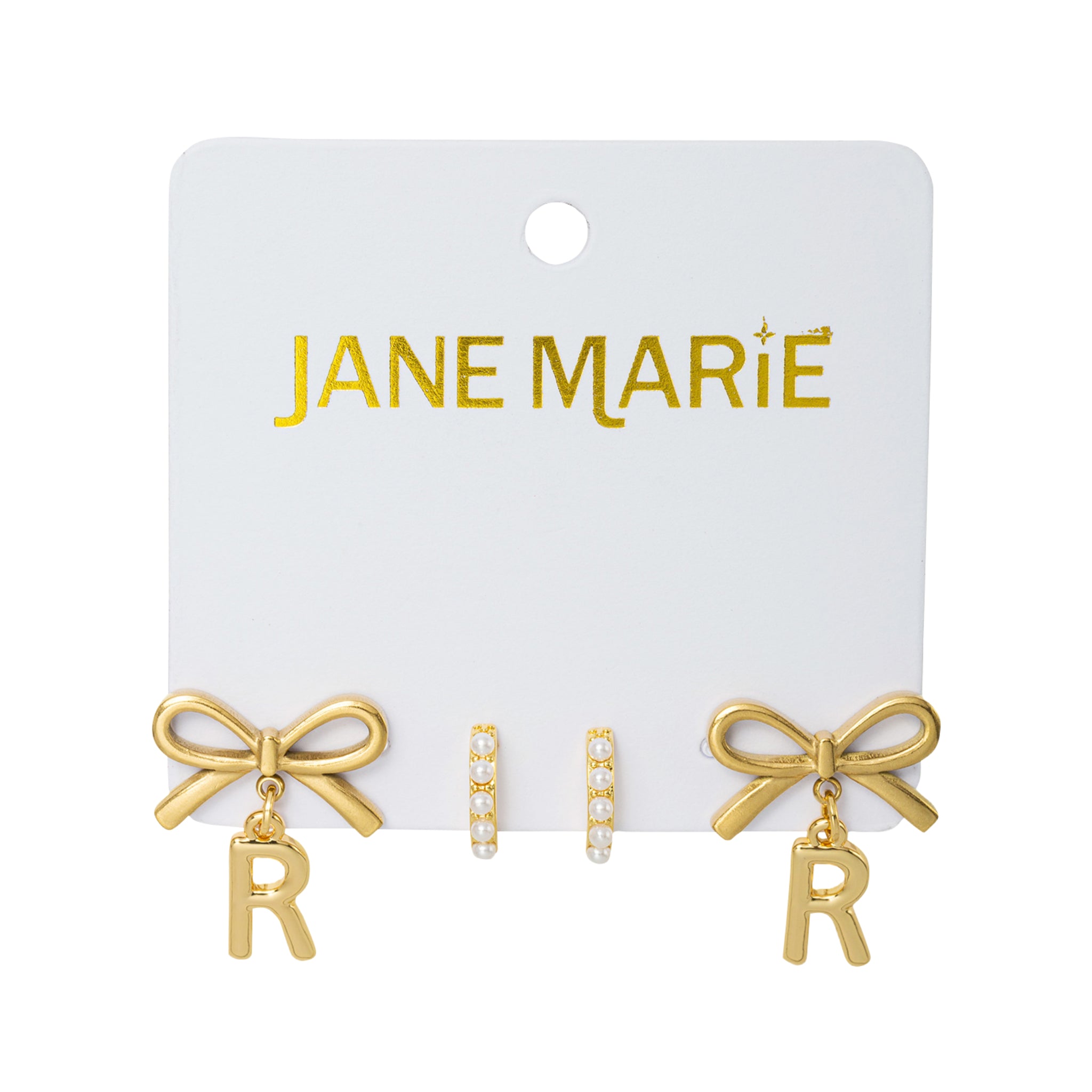 18K Gold Plated Set of 2, Pearl Huggie and Gold Bow & Initial "R" Earring