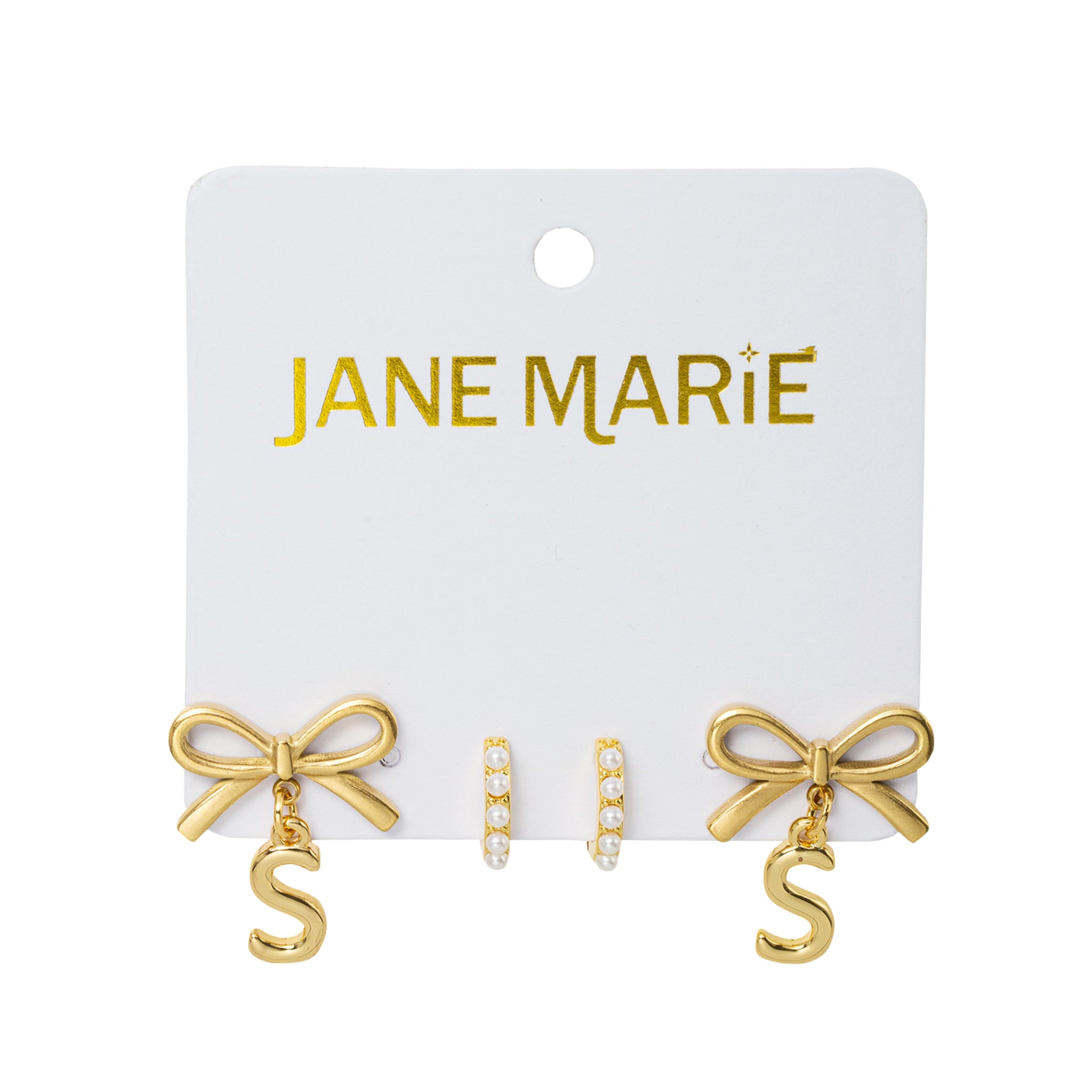 18K Gold Plated Set of 2, Pearl Huggie and Gold Bow & Initial "S" Earring