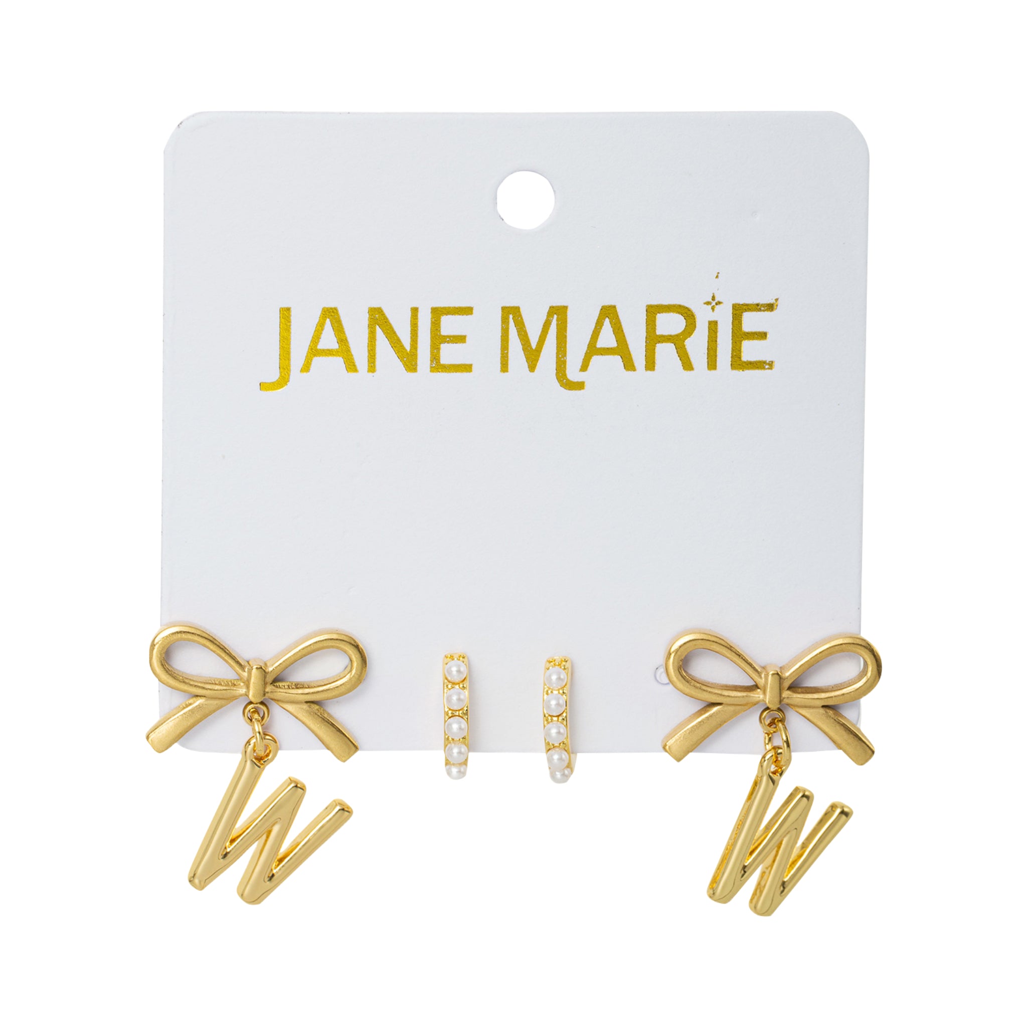 18K Gold Plated Set of 2, Pearl Huggie and Gold Bow & Initial "W" Earring