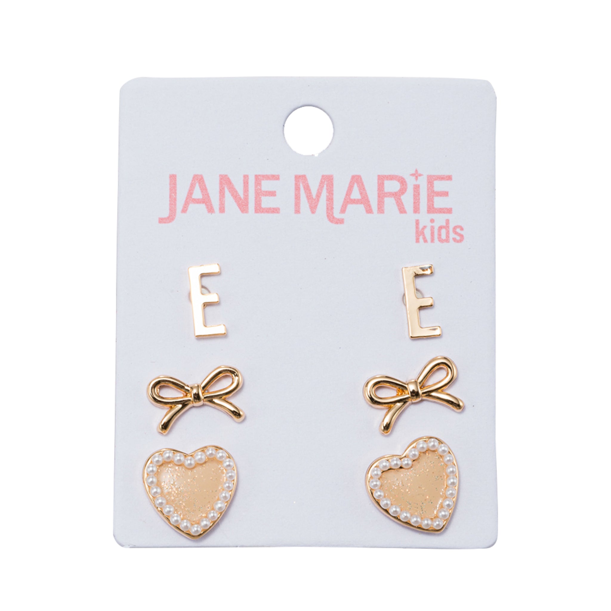 Kids Set of 3 Stud Set, Initial "E", Bow, Glitter Heart with Pearl Edges Earring