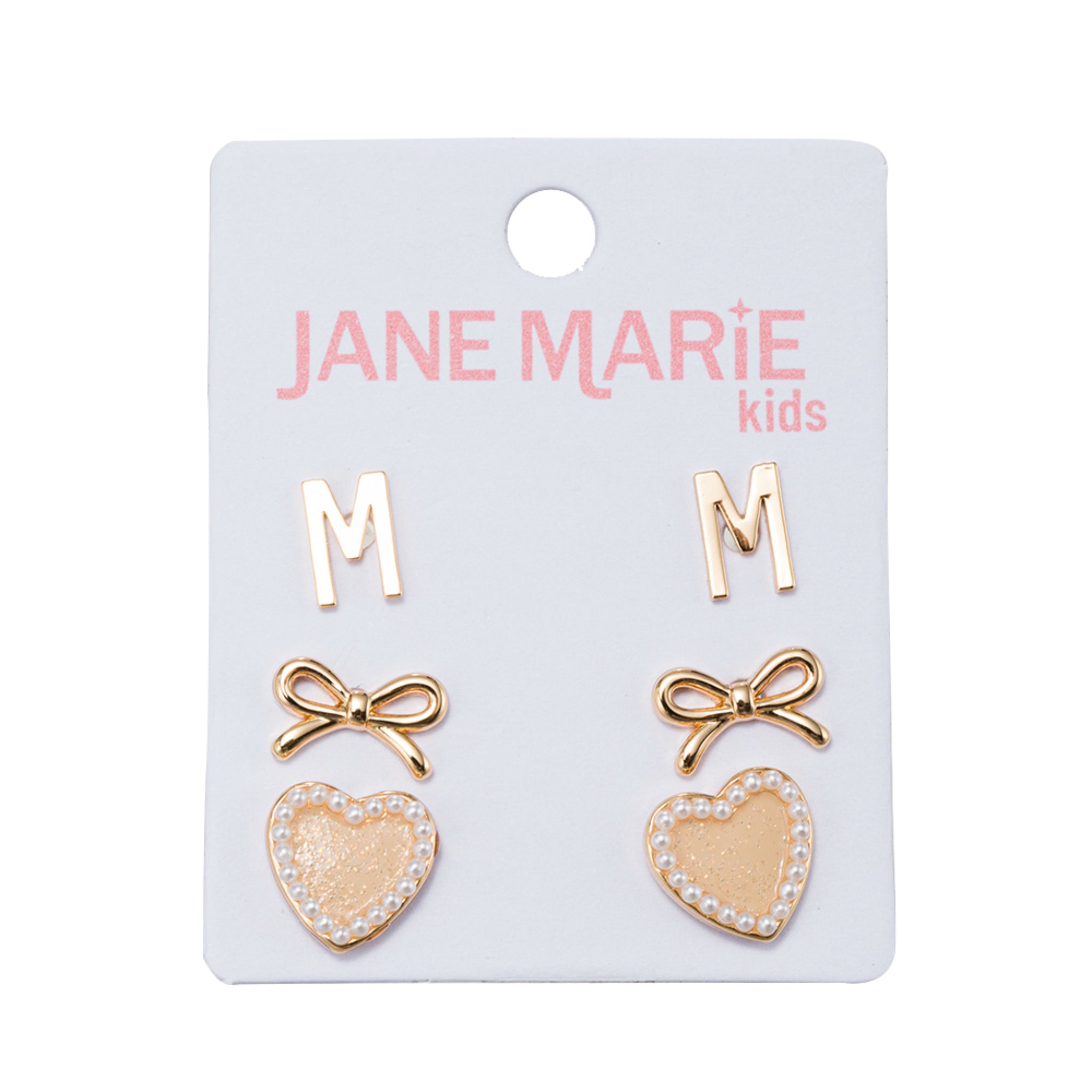 Kids Set of 3 Stud Set, Initial "M", Bow, Glitter Heart with Pearl Edges Earring