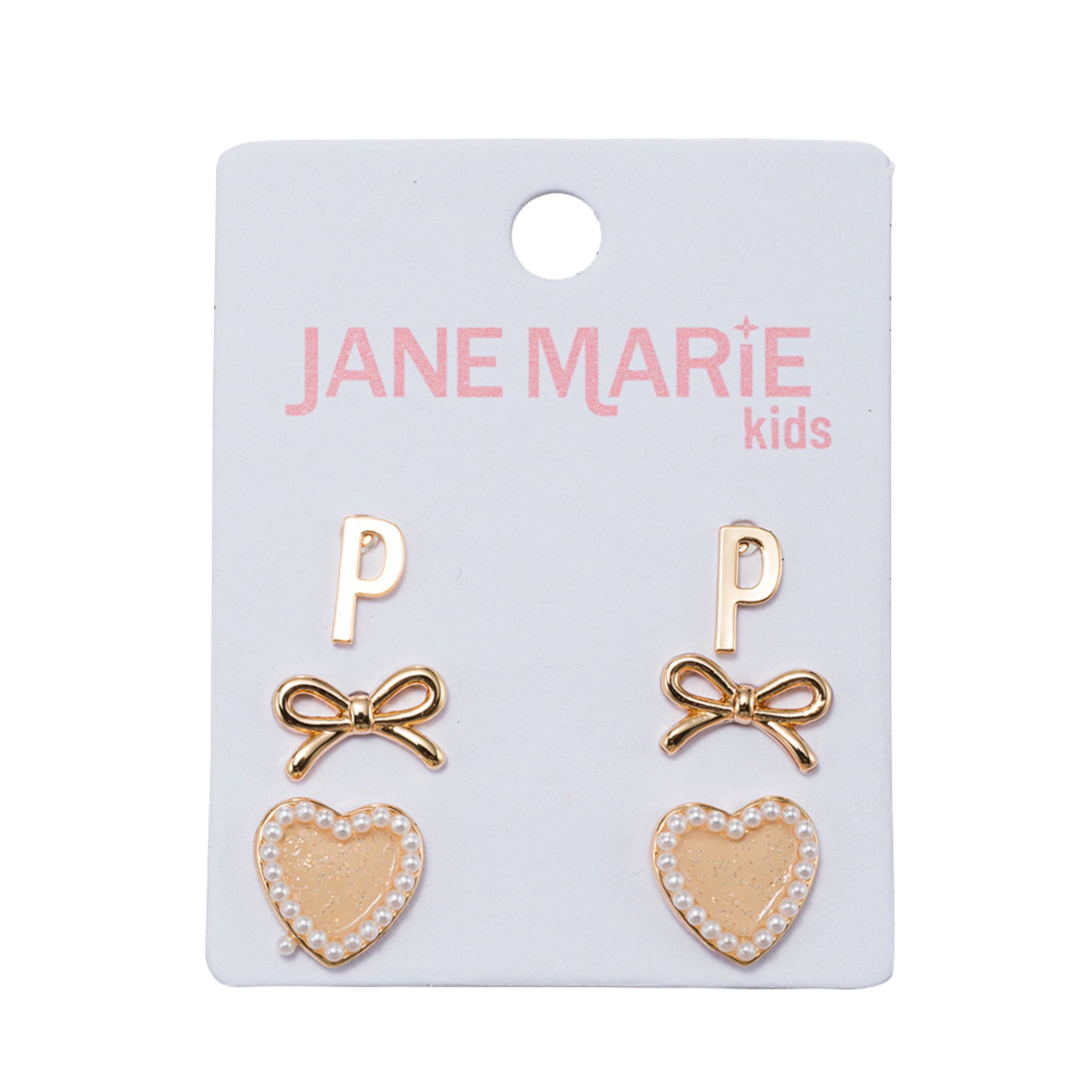 Kids Set of 3 Stud Set, Initial "P", Bow, Glitter Heart with Pearl Edges Earring