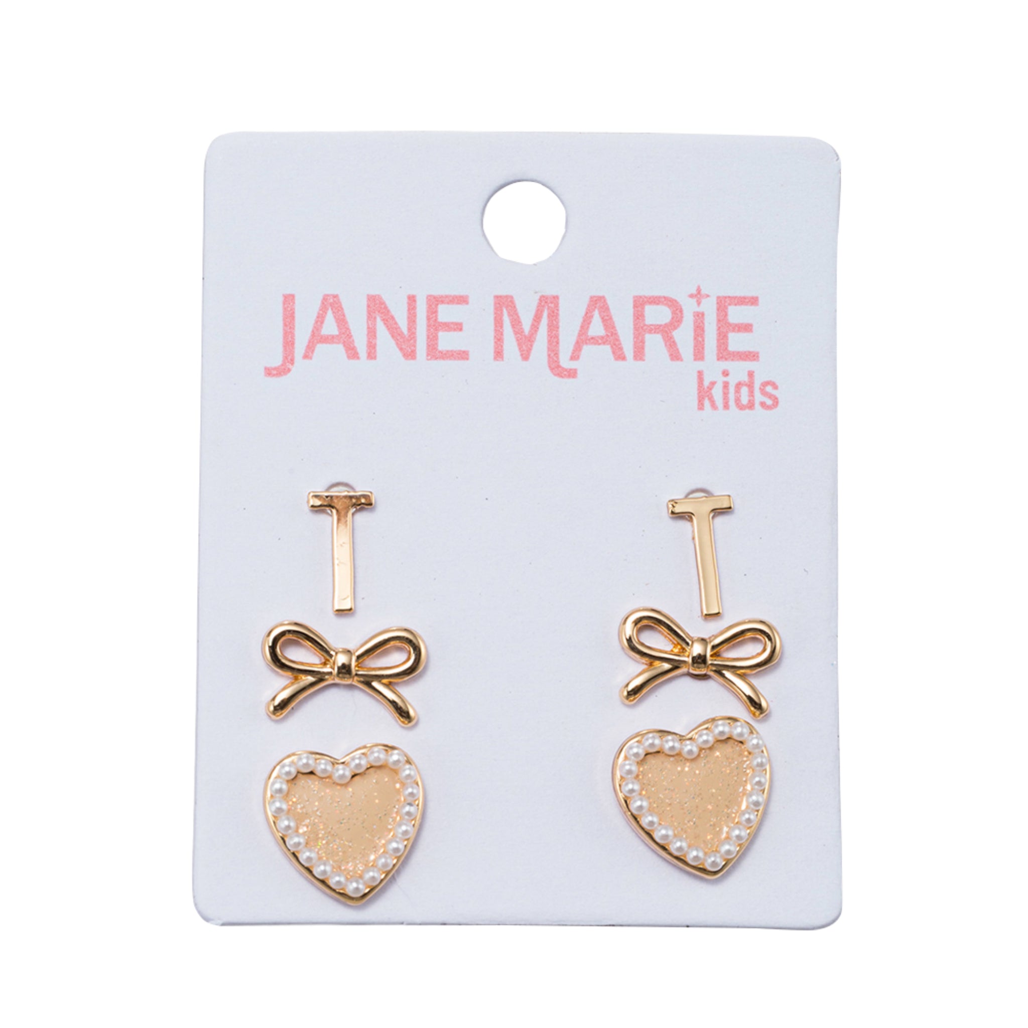 Kids Set of 3 Stud Set, Initial "T", Bow, Glitter Heart with Pearl Edges Earring