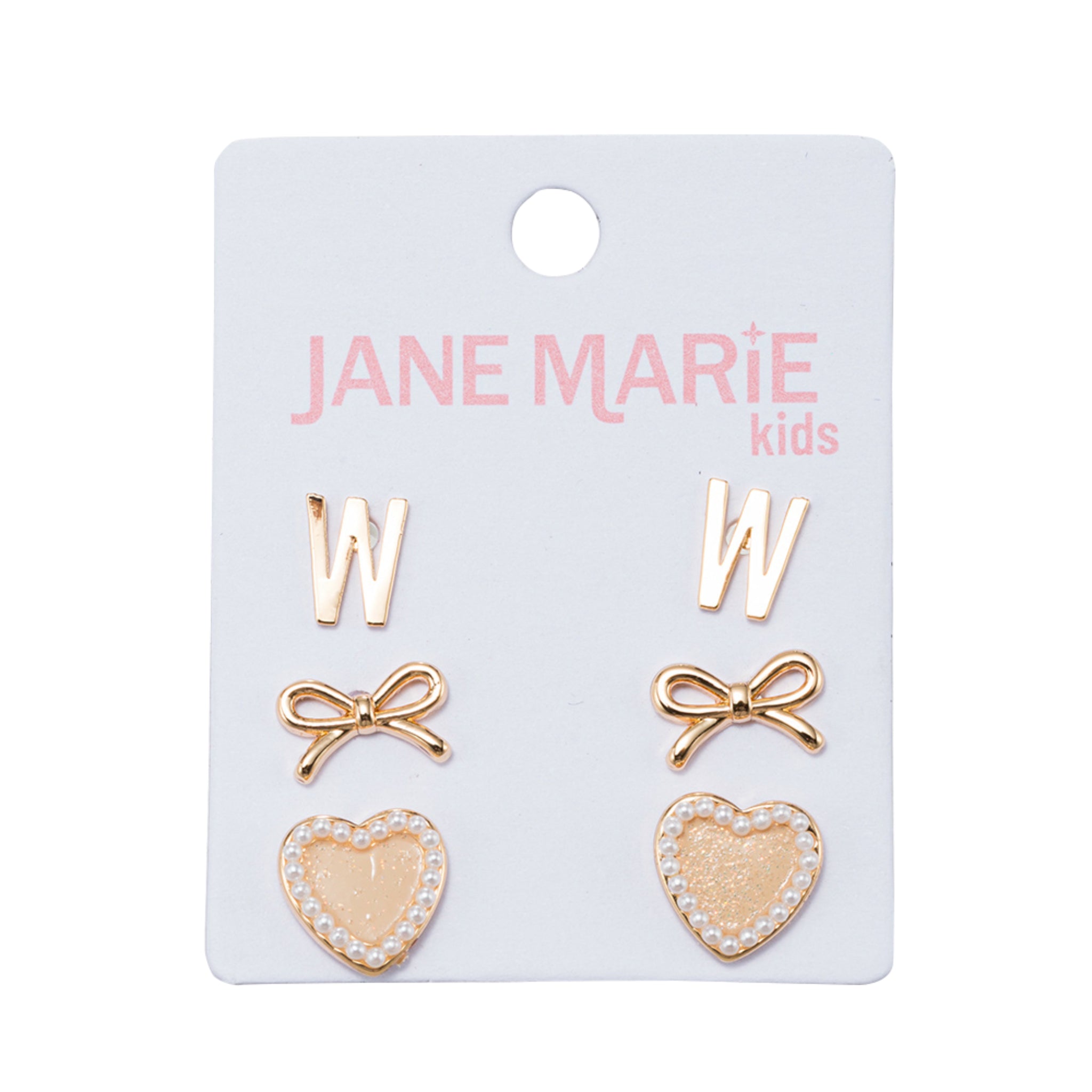 Kids Set of 3 Stud Set, Initial "W", Bow, Glitter Heart with Pearl Edges Earring