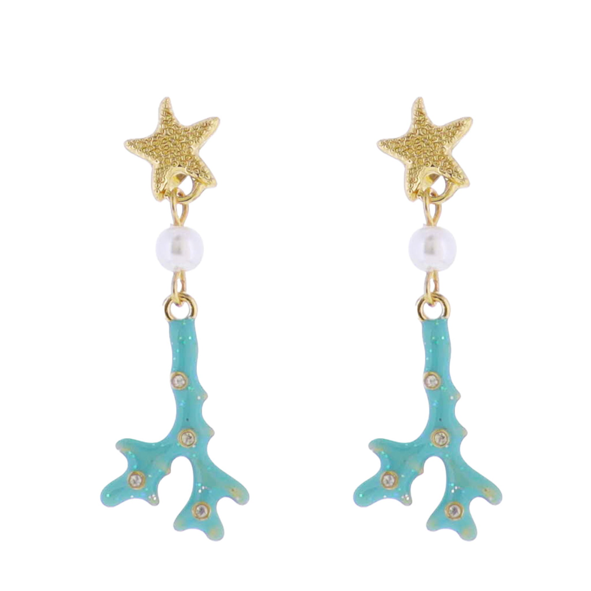 18k Gold Plated Star Post, Pearl Bead with Turquoise Coral Earring