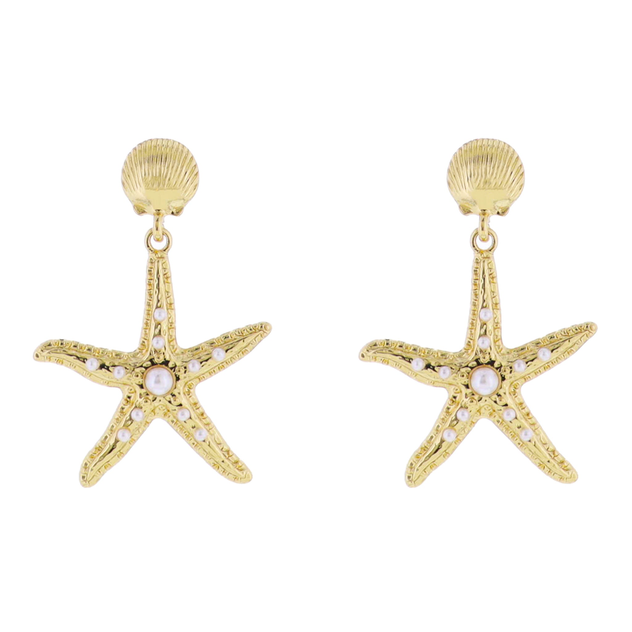 18k Gold Plated Shell Post with Gold Starfish with Pearl Accents Earring