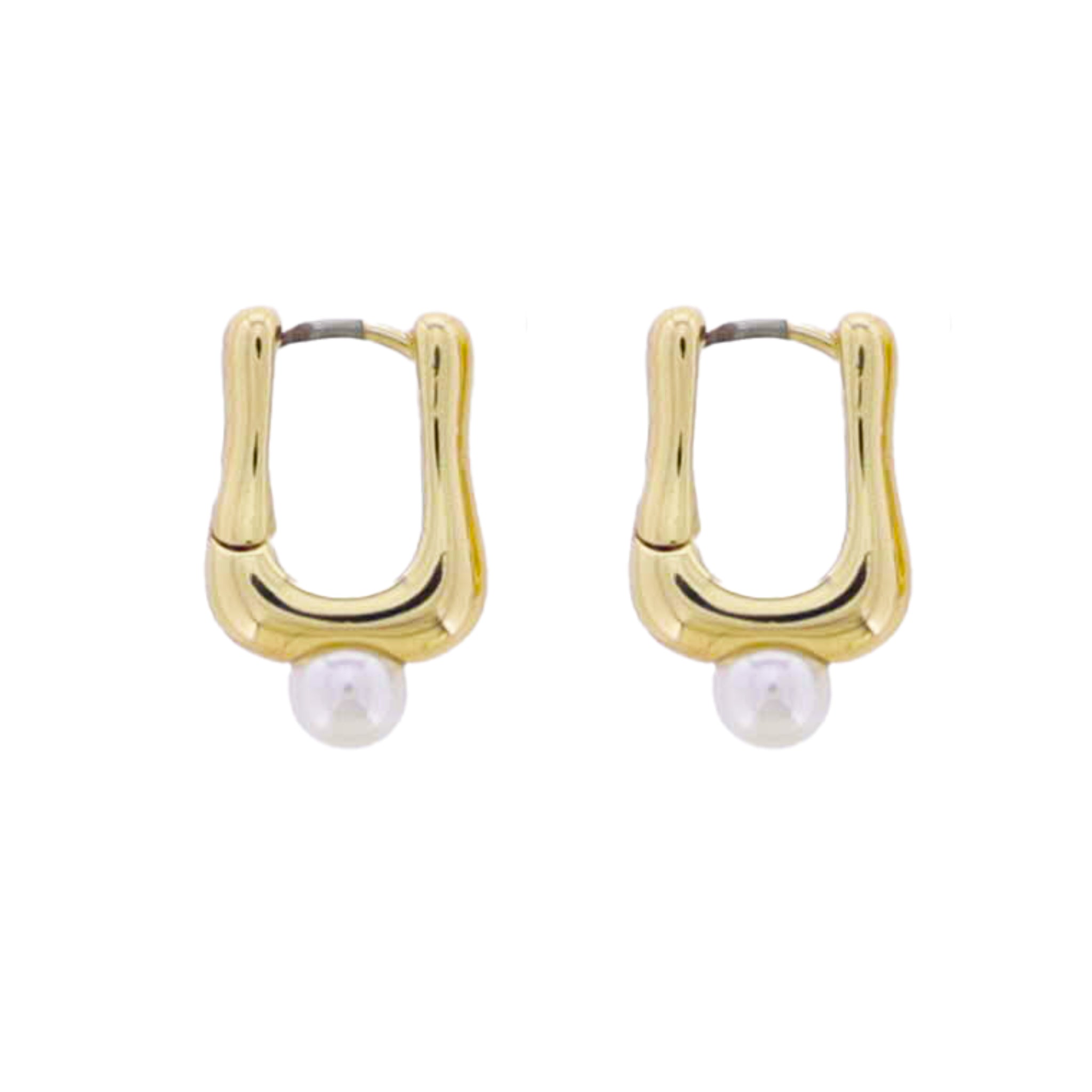 Gold Rectangle Huggie Earring with Single Pearl