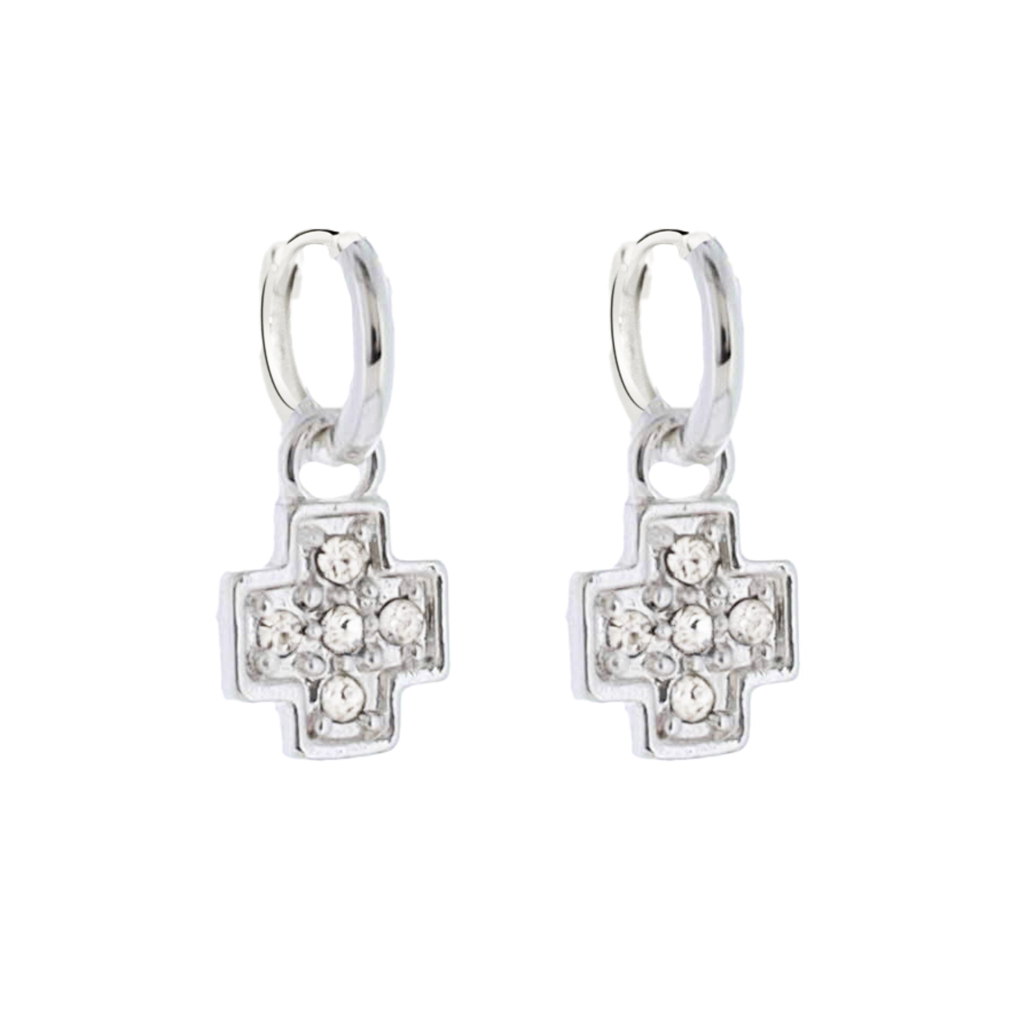 Silver Huggie Earring with Clear Crystal Cross