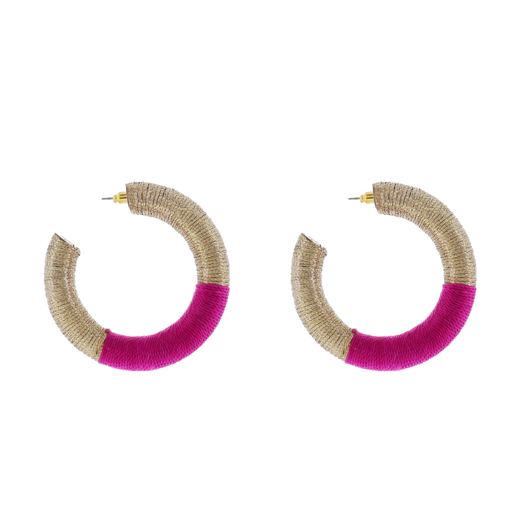 Gold, Hot Pink Thread Hoop Earring