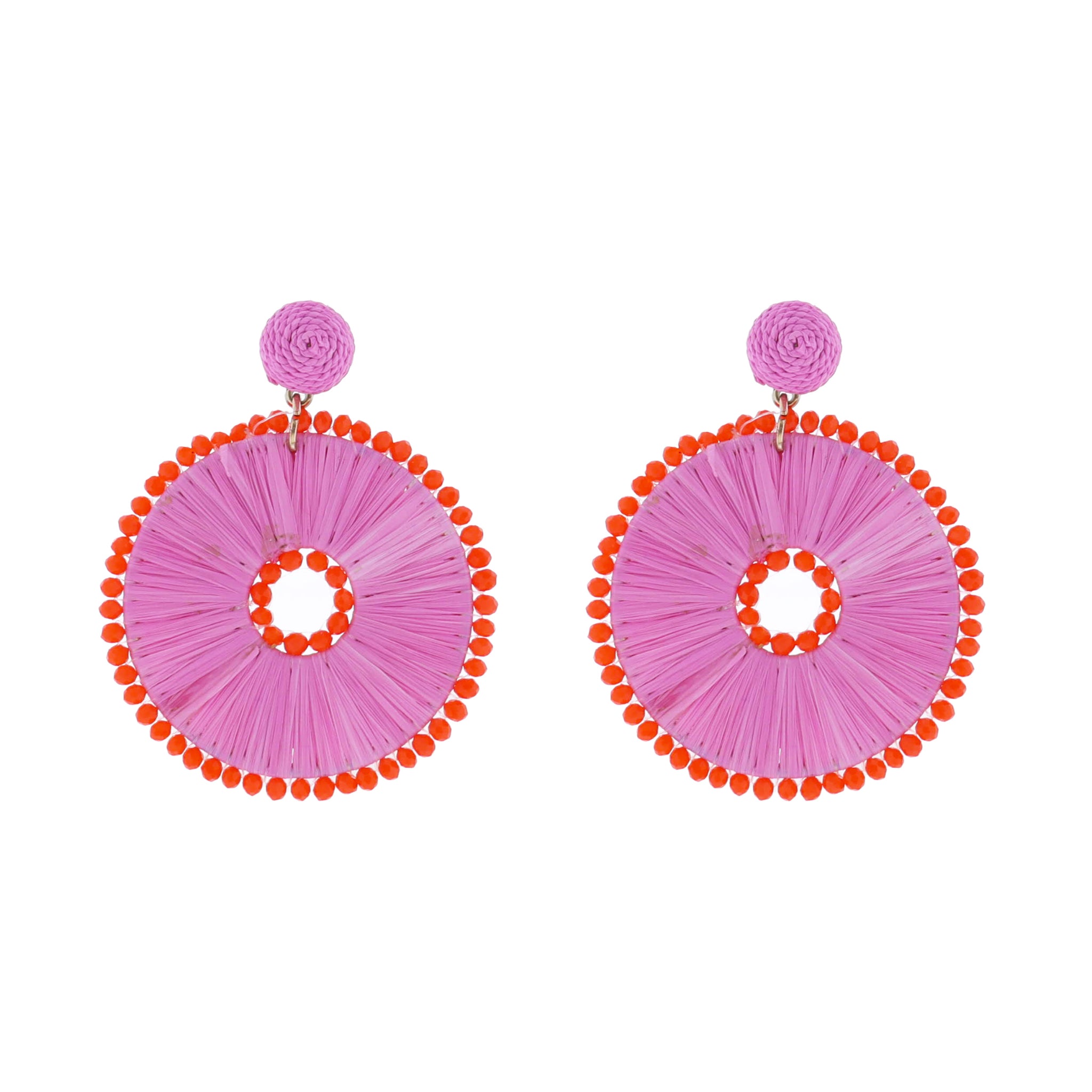 Pink, Orange Raffia Circle with Orange Beads Earring